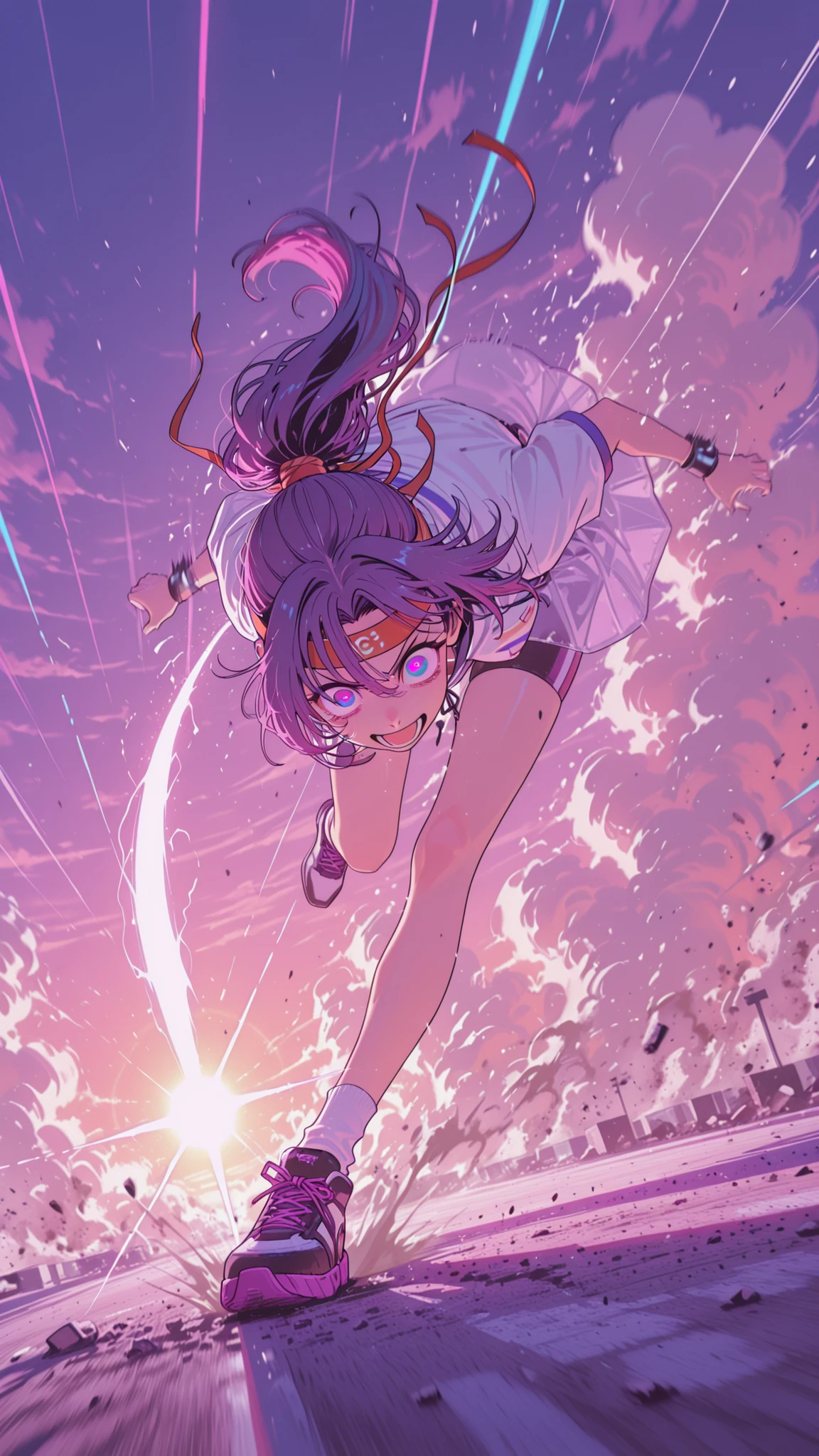 anime girl about to trip during a sports day race, frozen in the moment of imbalance, one foot off the ground, arms flailing, panic in her wide eyes, headband and ponytail  around, dust and pebbles scattering below her, motion blur in background with radial blur effect, diagonal camera angle, intense sunlight from above, cinematic tension, ultra-detailed anime style
