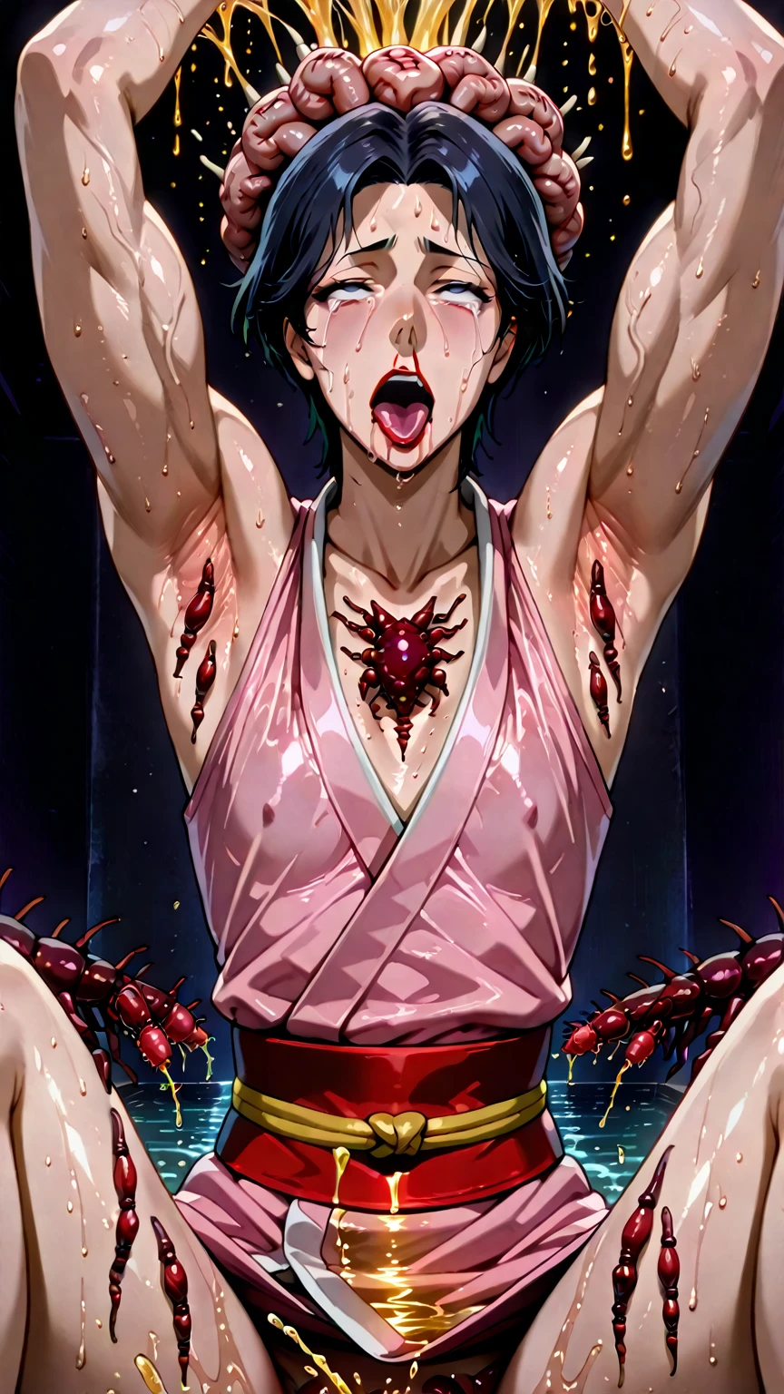 ( CHOSO_JUJUTSU NO KAISEN),((realistic, photorealistic)),(highlight hair)), Light reflection, (( HD )),((upper body)), (((best quality, masterpiece))), (masterpiece) (best quality) (detail) (8k) (HDR) (wallpaper) (cinematic lighting) (sharp focuasterpiece, best quality: 1.1), Real life adaption of this character, realistic outfit, realistic shadow, realistic light, realism, hyper realistic, realistic background,realistic hair,(photorealistic:1.2), (masterpiece: 1.2), (best quality: 1.3), (clear details: 1.3), ((((ultra-detailed)))), ((detailed eyes)), (extremely detailed face:1.4), (highly detailed eyelash:1.6), highly detailed eyes, sharp details, high contrast, (shiny skin), 1boy,Shibuya train station background, Stairs lead to the bottompurple and blue gradations, glow effect, smoke, shadow,gradient hair,Lines under the eyes, blood stains on hands,Realistic blood,Blood elements, blood spots, blood foreground, gushing blood,