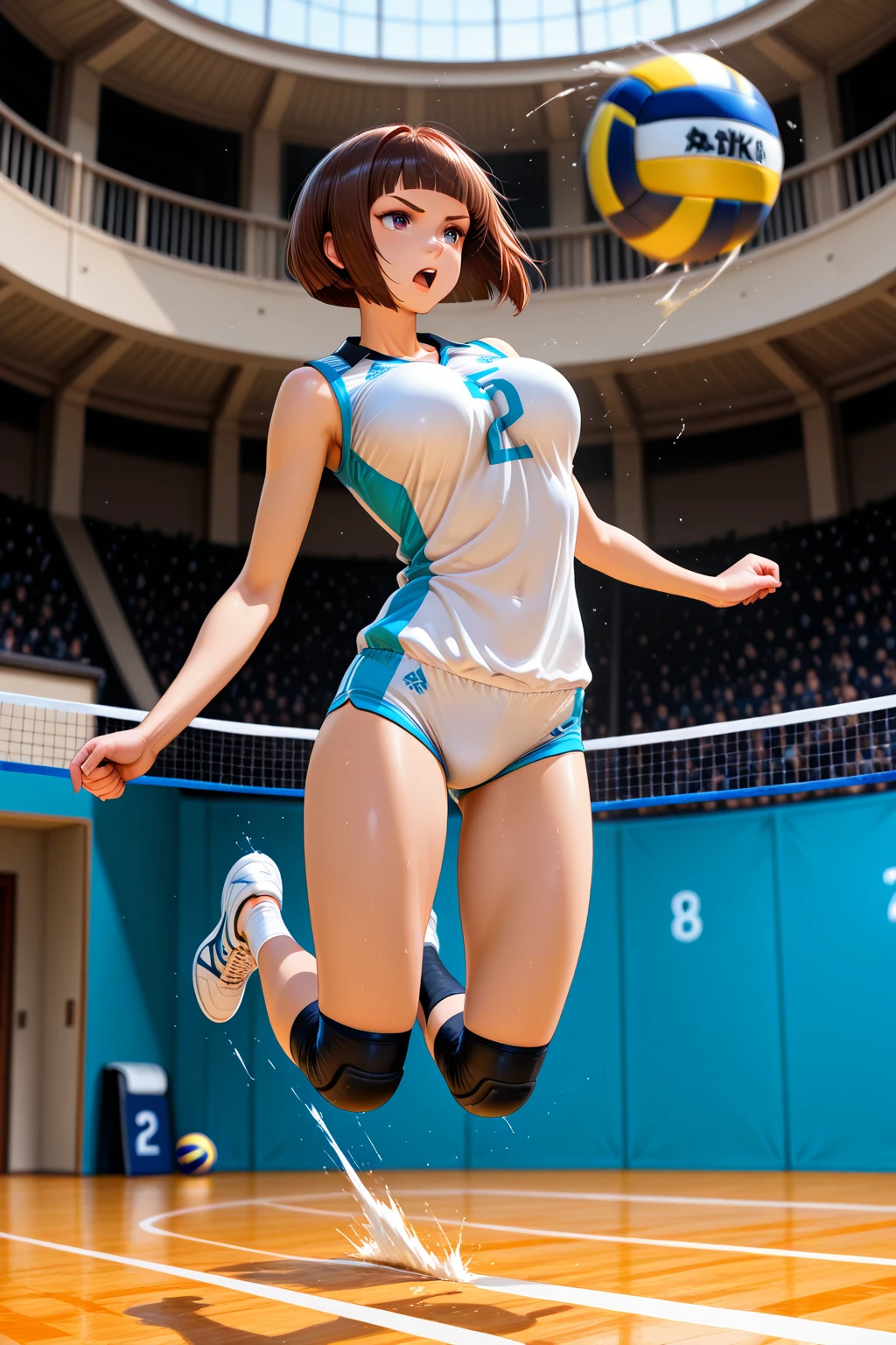 (masterpiece,最high quality,high quality)), ((8K wallpapers integrated with high-definition CG)), (Huge and stunning goddess shot, Amazing beauty, Perfect proportions, Beautiful body, The beauty of a chubby body:1.1), Swimwear　, View from below, Kiss the viewer, night, Concert Venues, ,  Open your mouth,Rapper,Grab the microphone,Low-rise string shorts,short hair,One person,sing,Singing passionately , Big breasts