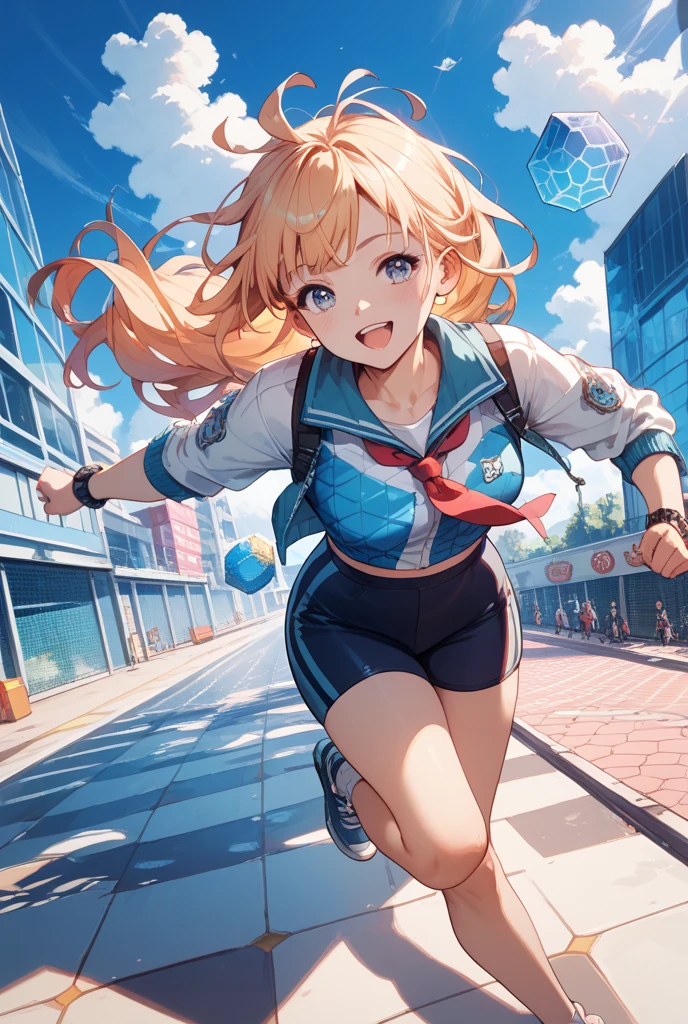 Anime style,loli battle girl,running in training ground,side by side,big breasts,battle bodysuit,Depiction of swinging breasts,embarrassed,