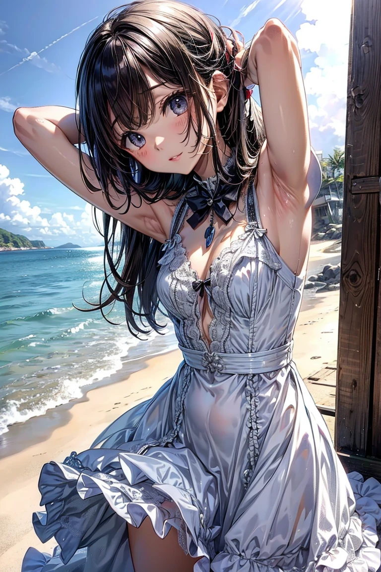 Very cute and beautiful girl,white sundress with small ruffles,(very detailed beautiful face and eyes:1.2),
(Cowboy Shot),Detailed legs,Smile,Black hair,Dynamic Pose,Dynamic Angle,Looking at Viewer,
(Beach),steep cliff in the distance,(Best Quality,masutepiece:1.2),(Intricate details),1 girl,Solo,hight resolution,Ultra-detailed,
Natural lighting,Hair fluttering in the wind,Beautiful detailed sky,