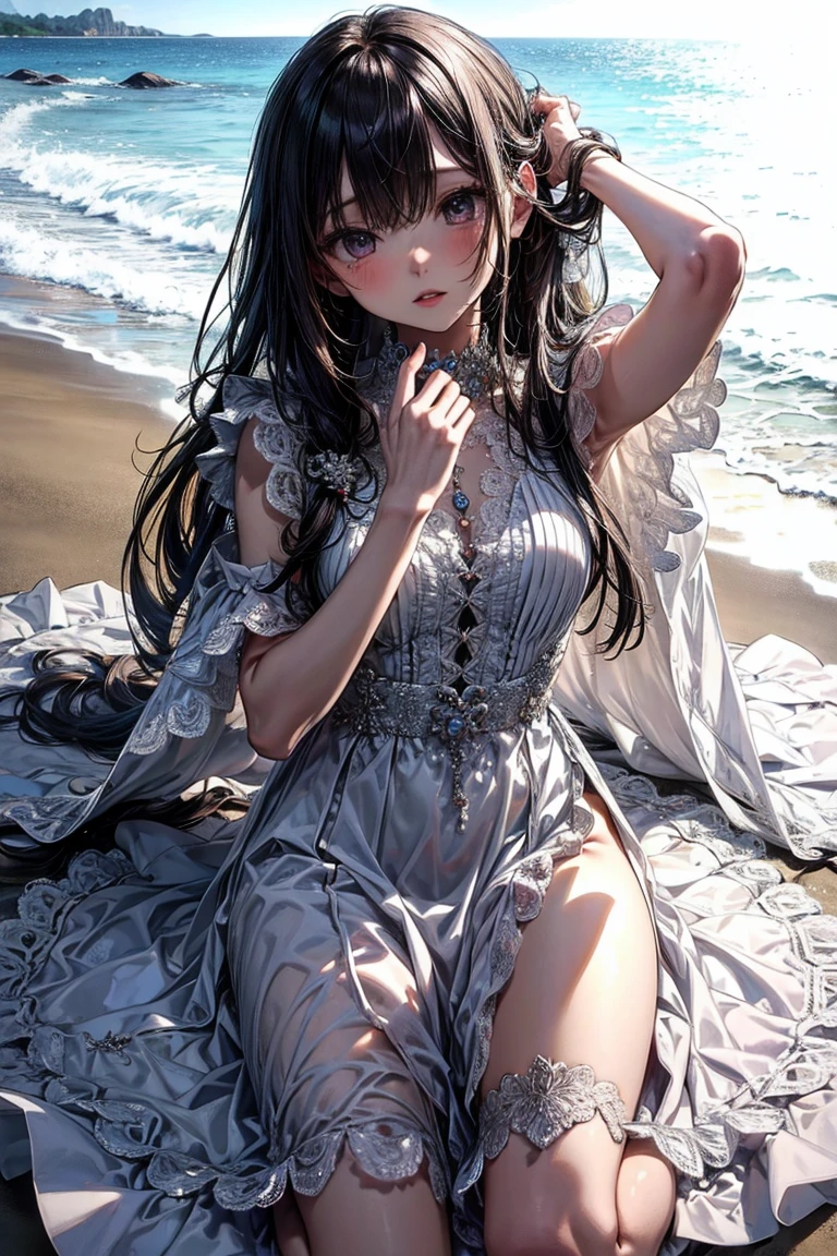 Long-haired anime girl standing on beach,Flowers in the hair, Guviz-style artwork, Guviz, loli in dress, Anime girl with long hair, Guweiz in Pixiv ArtStation, Beautiful anime girl, Loish et WLOP, Guweiz on ArtStation Pixiv, Beautiful anime style