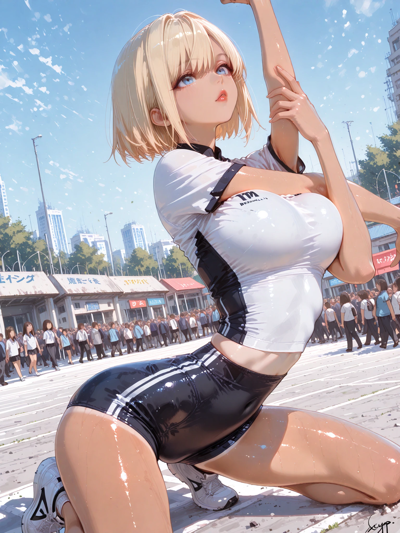 masterpiece, best quality, 8k, best light, shadows, perfect anatomy, 1 girl, 26 years old, mature, europe girl, blonde middle hair, straight hair, pretty eyes, black eyes, tight sport shirt, tight short, huge ass, breast, thighs, naughty, seductive, pretty, hot, spicy, stadium background,