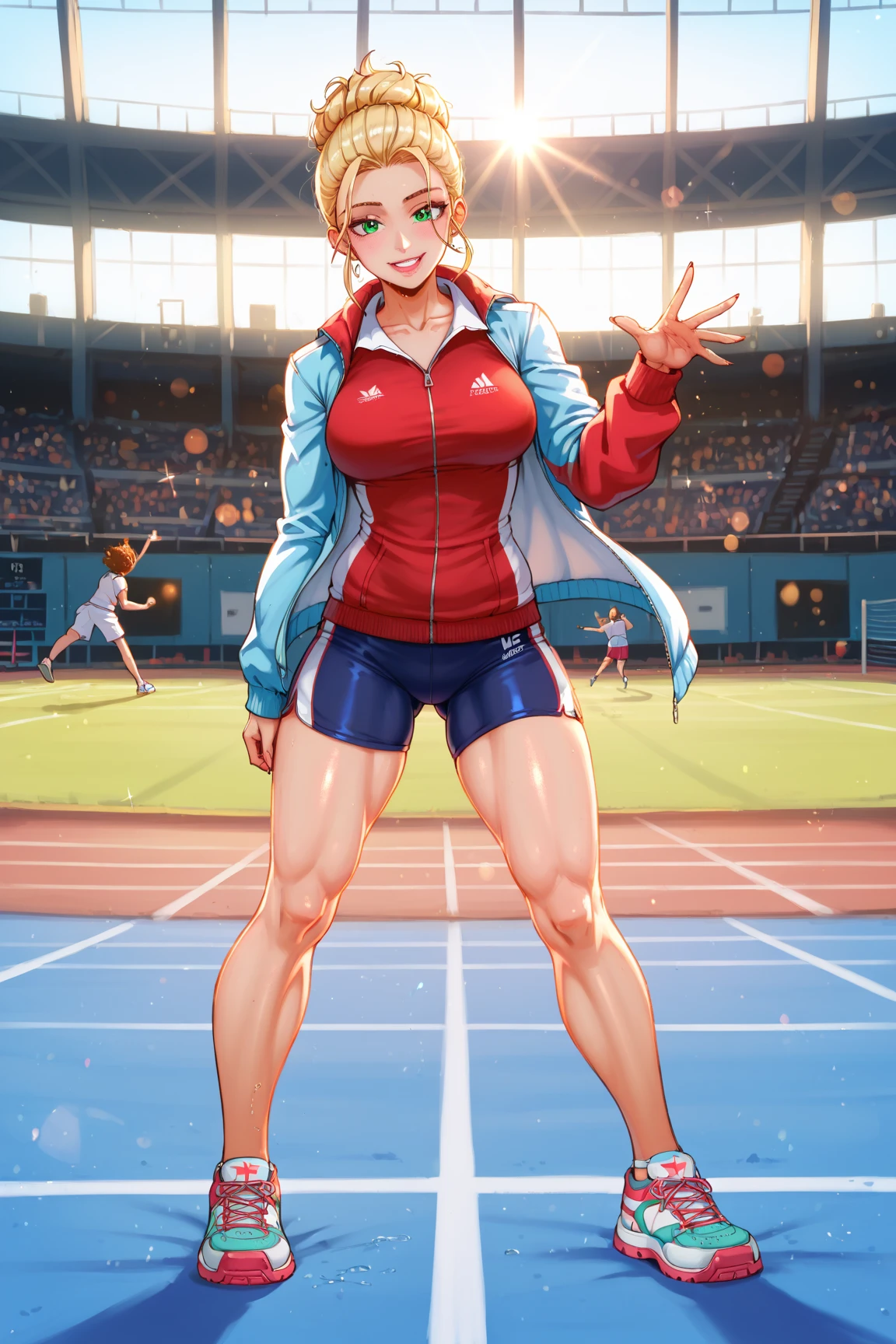 Full body image of Lynn Loud from The Loud House, full body in image, wearing her original outfit (red jersey, red shorts, red and white sneakers), short brown hair, female body, athletic and fit body, dynamic pose, detailed pose, simple background, expressive face showing determination, focus on face, line art, sketch