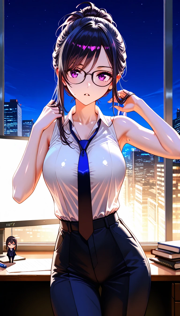 Office at night with neon lights,There are a lot of papers, Computers and writing utensils around,Sharp woman with glasses,Officelady,Lean forward so that you can see your cleavage,Brown hair,Blonde orange eyes,Blue eyes,Black fishnet tights,White and red and purple and black,Reddish cheeks,A smile,Riding a horse, Hold your fingers and drool,heart mark,Smokexxx,Scooped up hair,Moles under the eyes,Nipple bumps,White liquid all over the body,SEX