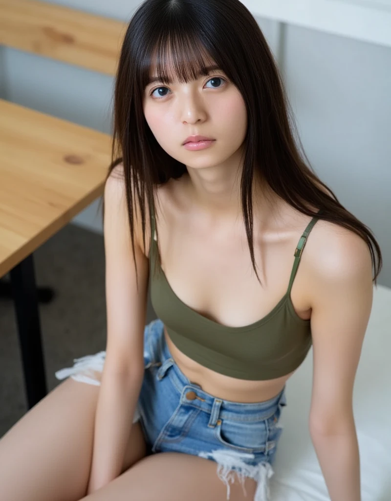 (8K, RAW Photos, Highest quality, masterpiece:1.2), (Realistic, photo-Realistic:1.4), (Highly detailed 8K wallpapers), ((Full Body Shot)), (1 girl), Sharp focus, Depth of written boundary, Cinematic lighting, Soft Light, 緻密な美しさのeye, eye_Chan, Very beautiful 17 year old girl, innocent big eyes, (Green Eyes), Realistic, photo Realistic, Highly detailed cute girl, (Thin thighs), (Model Body Type), 18-year-old, (((Sports tank top))), ((Purple and white striped low rise high leg panties)), (((Fold your arms in front of your chest and act arrogantly))), ((A happy smile)), Parted lips, Watching the audience, (At an indoor stadium) , (Brown Hair),（Long Bob Hair)