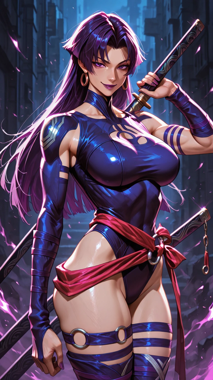 (masterpiece, 8k, 4k, extremely detailed, dynamic shading, best quality, absurdres:1.4) 1girl, nice hands, perfect hands, milf, mature, sexy, (large breasts:1.1) <lora:more_details:0.7>   <lora:Psylocke_DG-v01:1> Psylocke_DG, sexy, seductive, milf, mature, thick eyebrows, thick eyeliner, eyelashes, purple eyes, purple hair, long hair, bridal gauntlets, purple thigh boots, purple leotard, sash, belt, dynamic pose, fighting stance, east asian architecture, night,petals, Magic, aura, energy sword, (glowing purple energy:1.2)