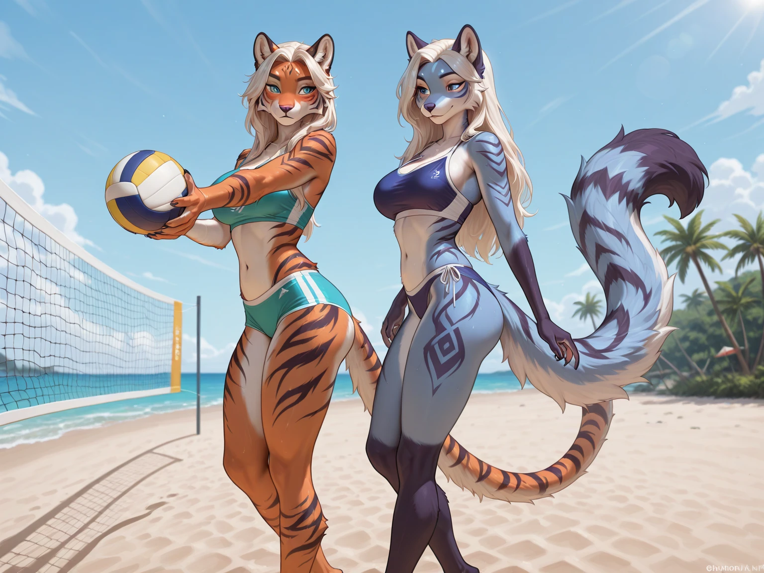 Renamon sozinha (Digimon Tamers) e raposa Krystal (Star Fox Adventures), juntas, wearing a swimsuit, anatomia correta, furry, anthro, na praia
