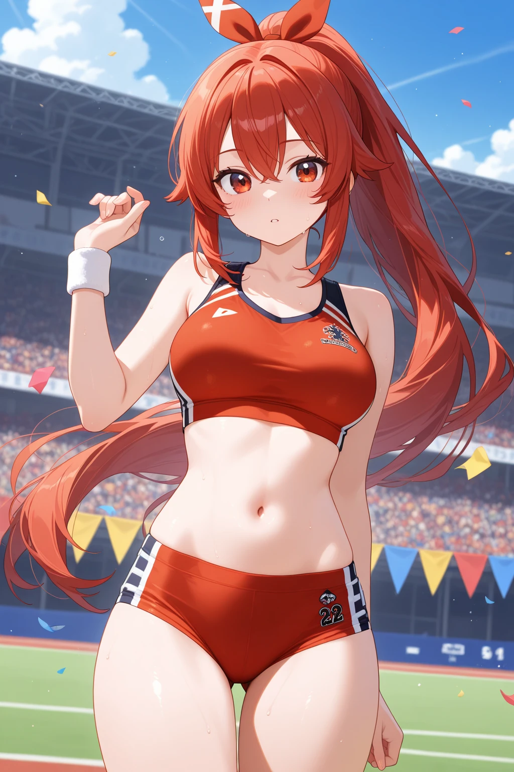 masterpiece, Highest quality, High resolution,  Red long hair、Blue Eyes　1990s \(style\),、(Big Breasts)、Sweating all over the body、vapor、、Dome Stadium　 Cheerleader　Glaring at me