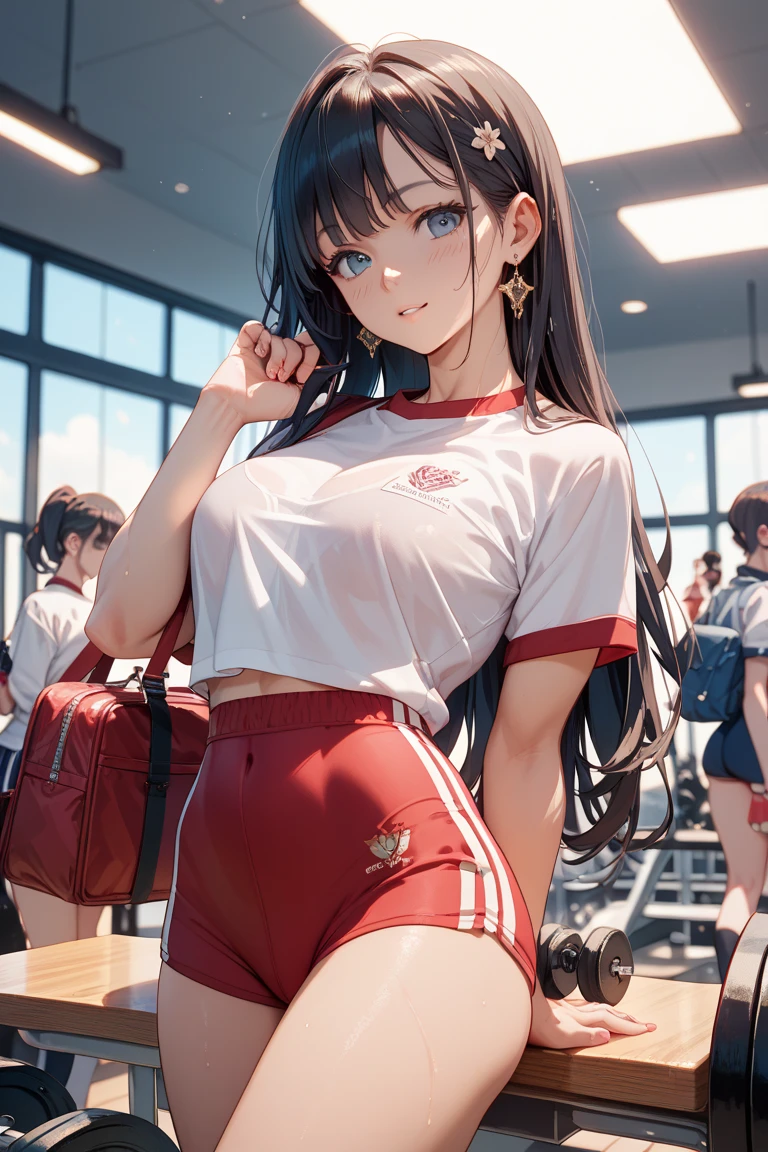 1 girl, teenage, skinny, korean, open lips, cosmetic, classroom, light, glow, thigh, clavicle, (masterpiece), wallpaper, gym shorts, worried