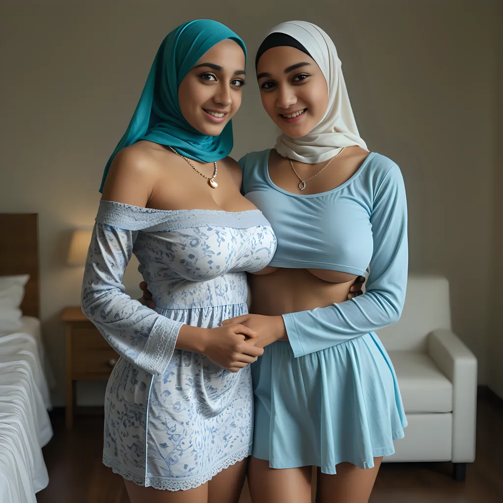 Anushka Shetty and her friend Emma Watson in hijab, curvy, big ass, British, 20s, smile, aerial view, dark night, cleavage and navel, big ass, nude, , dressed in transparent  cotton, hugging and grabbing  , pressing , front view, pubic hair