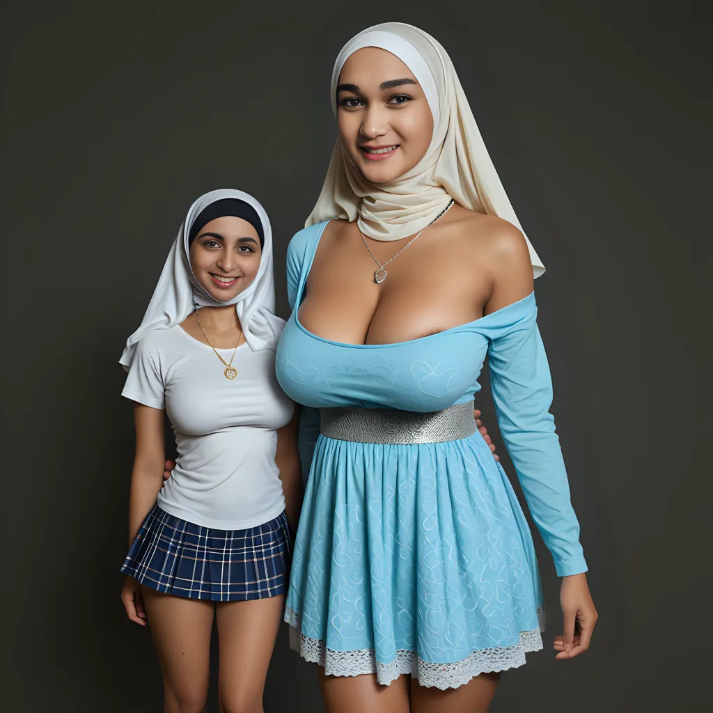 Two skinny 18 year old Latina nuns (white skinned), waist measures 24 inches, bust measures 38 inches and hips measure 40 inches. beautiful face, (perfect skin), wearing fitted tunic