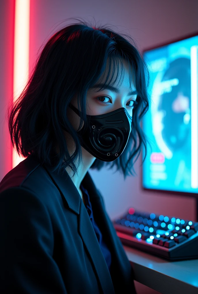 Photo DSLR, a woman with short black hair standing in front of a green neon sign, tech mask, jacket, in the rain, NeonNoir, hard shadow, masterpiece, best quality, Intricate, High Detail, 8k, modelshoot style, film grain