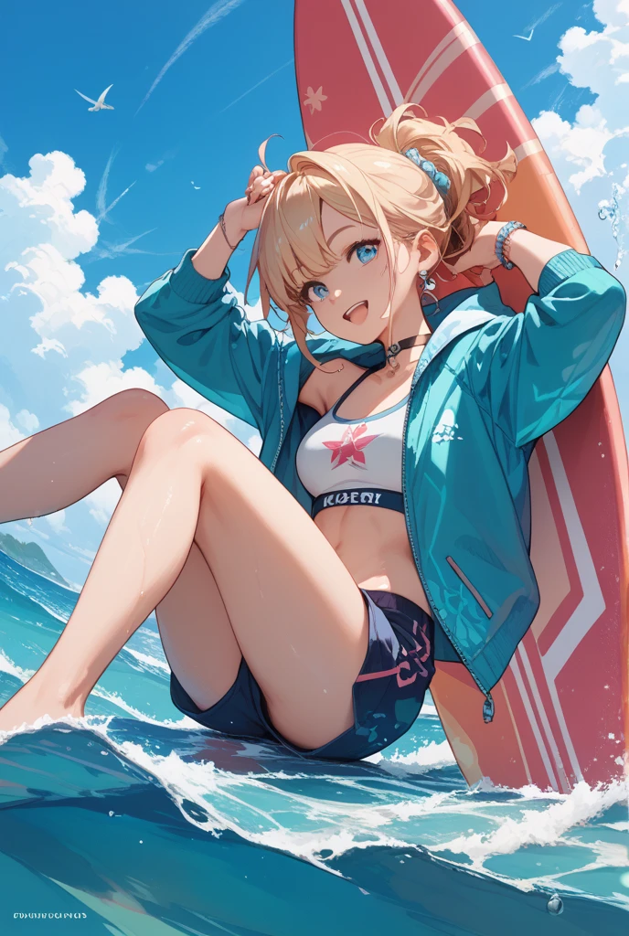 (best quality, highres, ultra-detailed:1.2), 1girl, A beautiful bikini girl having fun playing in the sea, blush, breasts, hips, thighs, drops, look at viewer --auto