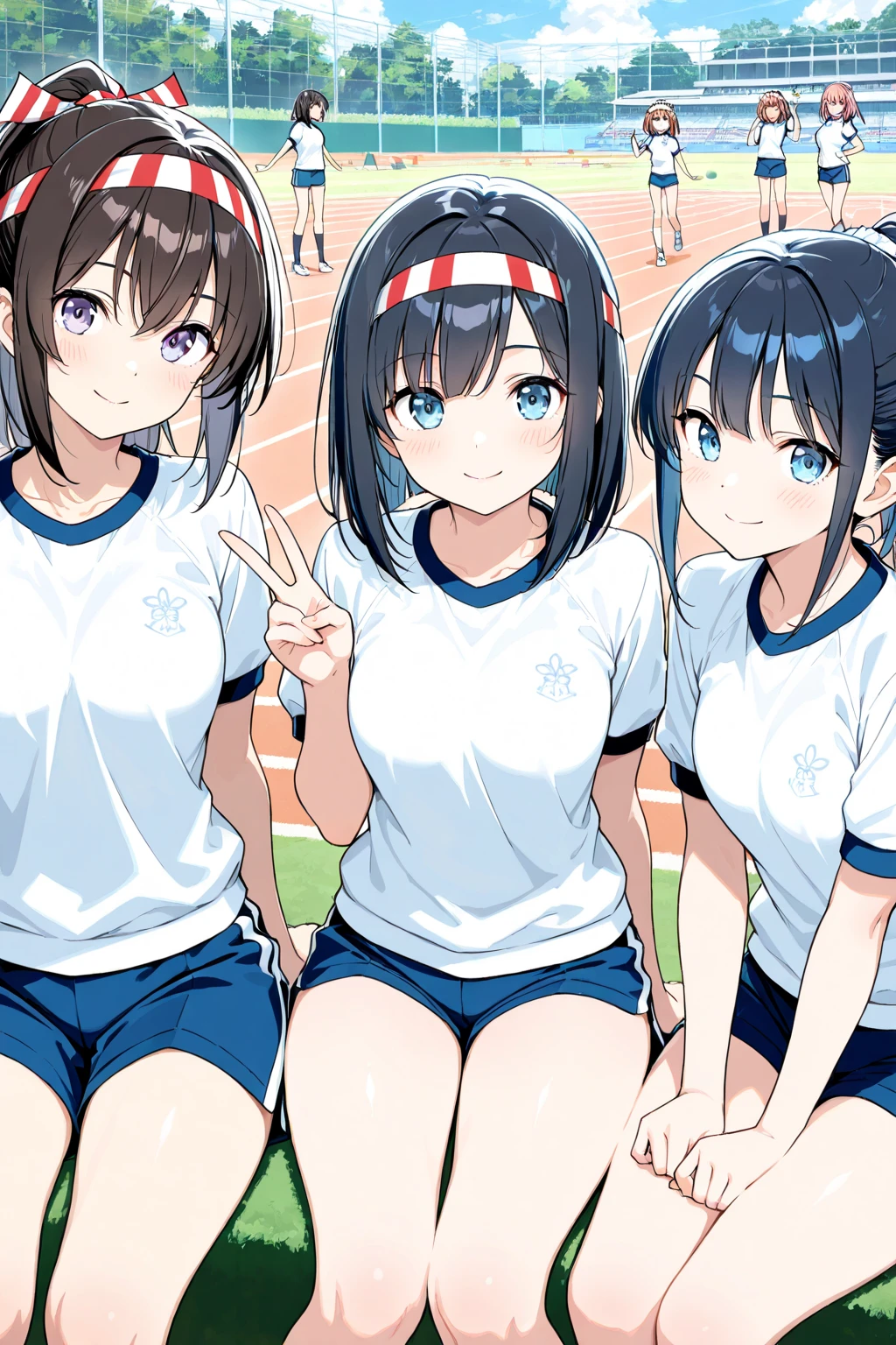 (highest quality、High resolution、detailed background)、(Highly detailed beautiful face:1.4)、cute teenage girl、(three women:1.2)、Brown hair or other cute hair colors、Each cute braided hairstyle、Braided bob cut、braided ponytail、huge breasts、realistic、perfect body line、thick thighs、Attractive big buttocks、healthy、Uplifting、cute、
(Three beautiful girls wearing gym clothes are standing side by side with their backs facing each other in the school playground.:1.5)、Accentuate your attractive buttocks、look of trust、I feel safe、
You can add cuteness and femininity to your bloomers by incorporating frills and lace decorations.、Frills and lace on the waist and hem give it a more attractive look.、
Bloomers generally have a high waist design with a high waist part.、The high waist design not only makes your legs look longer, but also emphasizes your feminine silhouette.、
Bloomers are also important for their ease of movement, which can be used for sports and gymnastics.、The stretch material allows for freedom of movement while flattering your body lines.、
laughing playfully、smiling、A big smile、Healthy charm、cute