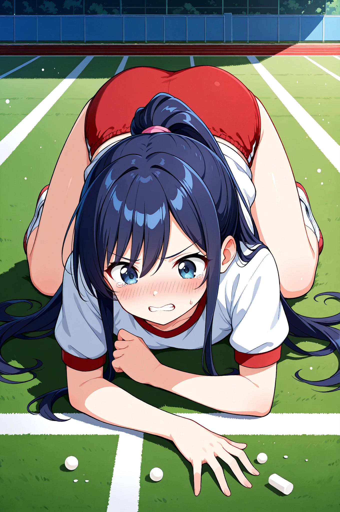 masterpiece, ultra quality, ultra sharp, ultra detailed, 1girl, solo, (((good ???????))), haduki kurumi, (tattered torn dripping wet white gym shirt), navy gym pants, animal ears, randoseru, name tag, Japanese anime pose, laugh, BurumaShorts, Buruma, Gym Uniform, (((lying:1.4,  ???????????, legspread, split_legs, spreading legs)), (randoseru backpack:1.4), (smug smile), buruma, blue buruma, black buruma, (????????), (tattered torn short sleeve white gym uniform with colored hem), (tiny ???????), (white long loose socks), strong lighting, legspread, ???????, ??? on clothes, ??? on legs, ??? on buruma, ??? on bloomers,