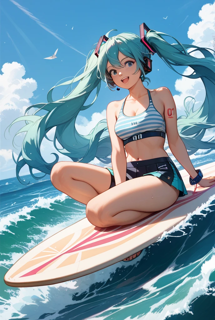 (anime-style cute face)、Hatsune Miku,最high quality, （（Sharp details））, (8k, RAW Photos, 最high quality, masterpiece), (looking at the camera),Cute Smile、Very big eyes、anatomically correct body、Big thighs、Muscular woman、The face is bright、Professional Lighting、Cute little breasts、Emphasis on the chest、（Pink and white long sleeve surf suit:0.6、Belly button、Nipples、Female organ、slit:1.6、Cute frills:1.8）、（black and pink spats）、high quality,High resolution,16K,Sharp lines,1 girl,（（（Professional female surfer:1.9））） ,Big waves、Standing on a surfboard:1.8、（（A surfboard races across the water:1.9））,Detailed clothing、全画面に対してHatsune Mikuは25パーセントの大きさで