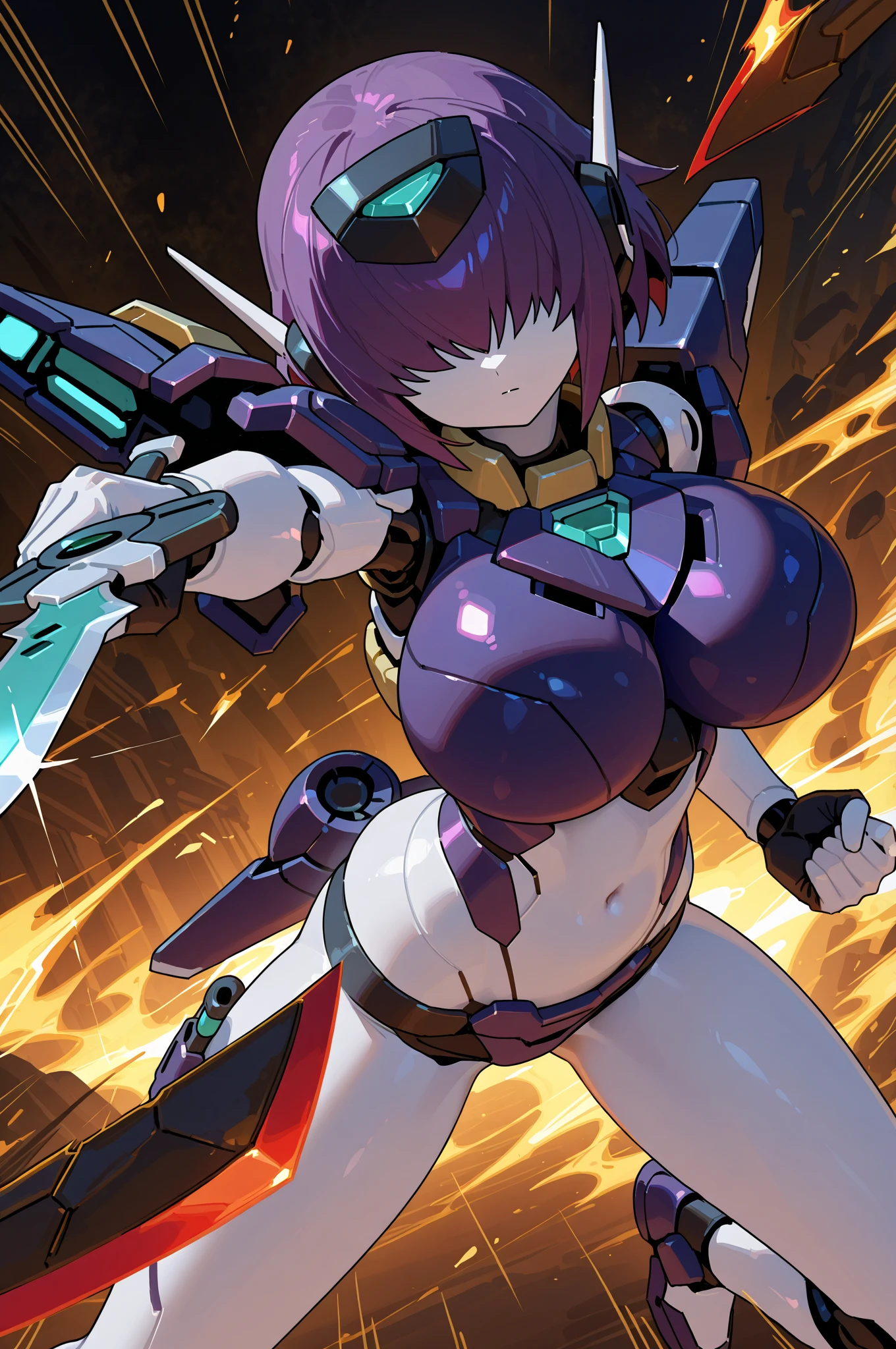 (1 Girl's huge breasts), High quality science fiction masterpiece wallpaper, Mech Warrior, glowing blue eyes, unique sword, Extreme details, Simple background, Smooth lines, (Deluxe Edition)