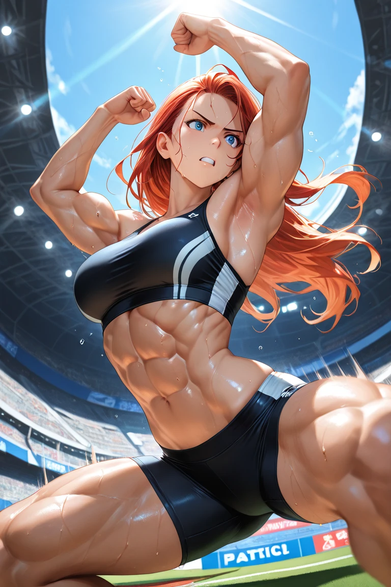 One Punch Man、athletics stadium、Captain Mizuki、captain、Crouching start、combat readiness、pole vault、javelin throwing、shot put、discus throw、track and field athlete、B-class 71st female hero、With a bright and cheerful personality、Uses a variety of attack methods with track and field motifs。Operation to invade the Monster Association、muscular big breasted mature woman、muscular big breasted mature woman、8head and body、A stunning six-pack peeks out through her clothes.、A uniform that resembles that of a track and field athlete who boasts well-trained, toned, and supple bodies.、Sports shoes and wristbands on both hands、earrings on both ears、Her long, voluminous hair is tied up with a scrunchie.。It is located slightly to the left of the top of the head.、Between pineapple hair and side tail、orange hair blue eyes、
