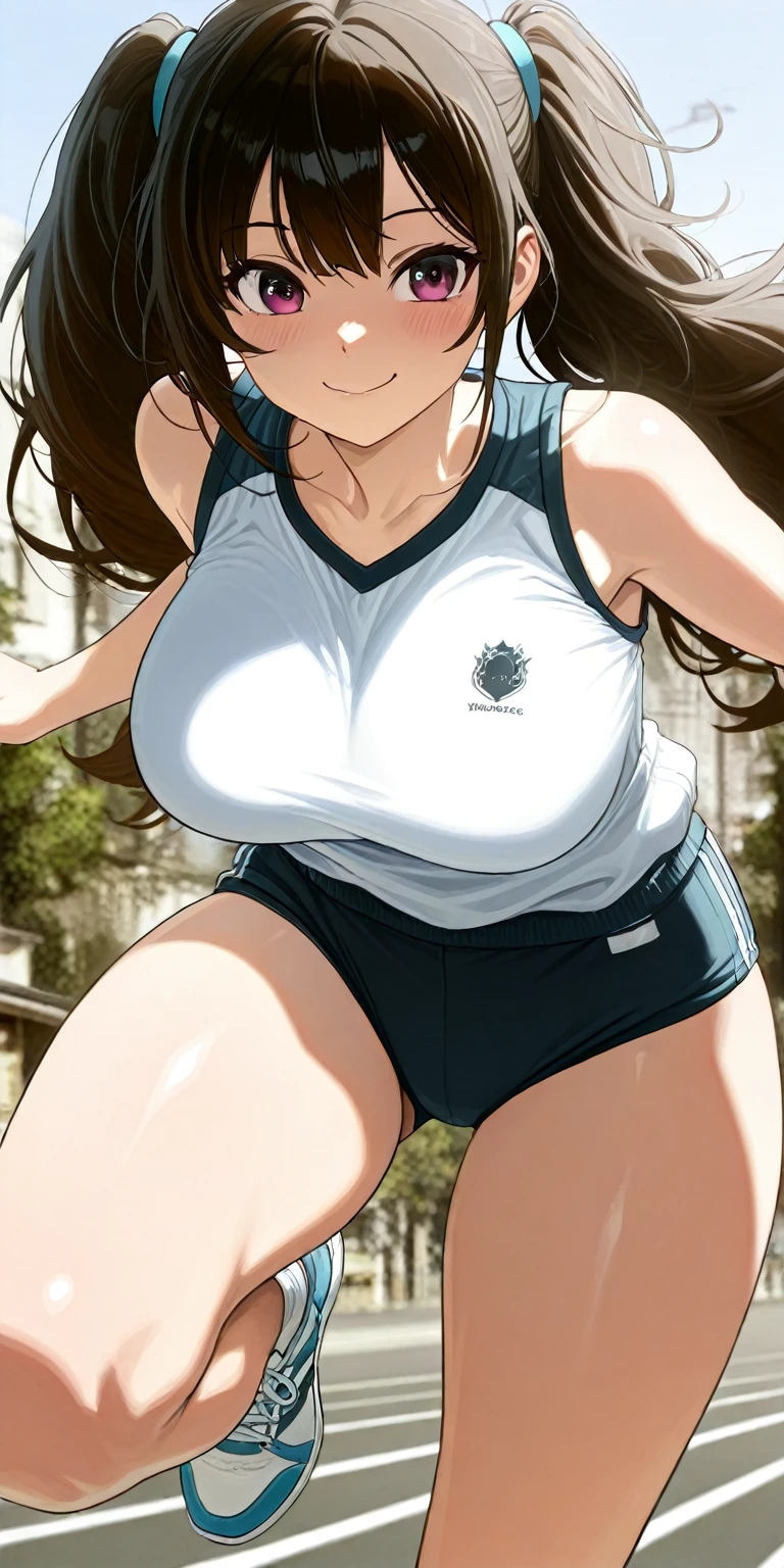Masterpiece, best quality, solo ,big breasts, minami kotori, curvy body, leotard tank top, busty breasts, breasts flashing,earrings, Camouflage pants, standing, cowboy shot, thighs, narrow waist,wide hips, energetic pose, smile , closed mouth