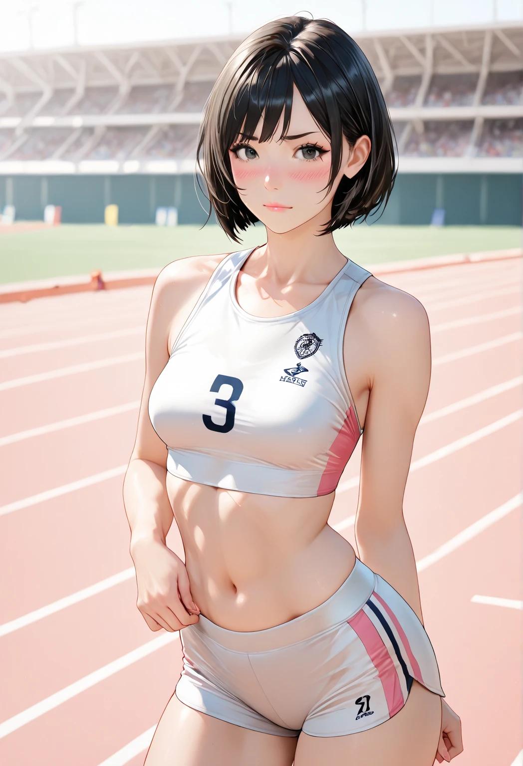 ((perfect anatomy:1.2,realistic:1.3,RAW Photography:1.3,masterpiece, highest quality, Ultra-High resolution, High resolution, Highly detailed CG, 8K)),cowboy shot, 1 female, solo, 20 year old beauty,Japanese,((beautiful detailed face and eyes:1.3,big gorgeous eyes:1.3)), BREAK ,black eyes,black hair,((short length hair,shoulder length hair)),bangs,tears,shy,drooling, BREAK ,((dark brown skin)), BREAK ,((small breasts, ideal ratio body proportions:1.5,small head:1.5, slender body,skinny)),(oily skin, gleaming skin,shiny skin,sweat:1.5), kneeling, BREAK ,Blue sports bra、clavicle、Blue sports shorts,navel、Protruding nipples、camel toe, BREAK ,Outdoor、Athletics Stadium、Large crowd、