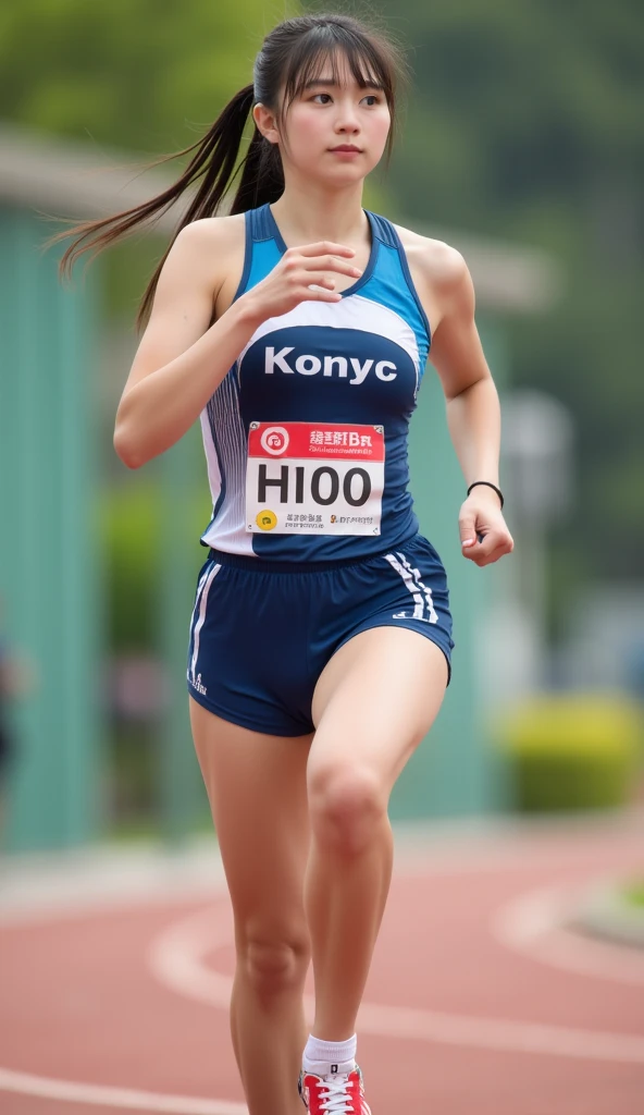 Absurd, (Realistic,photoRealistic:1.37), High resolution, Super detailed, break, smile, (1 girl), 28 years old, break, delicate beauty, break, (Soft Focus:1.5) In the foreground, Bokeh foreground, Shallow depth of field, Subtle Blur, Subtle changes, Depth and atmosphere,Very detailedな CG Unity 8k 壁紙, highest quality, Very detailed, masterpiece, Realistic, Photo Real, Very detailedなかわいい女の子, Age 25, (Track and field wear) , (Track and field mini skirt) , (arenaトラック),   smile , Round eyes, Big Breasts , (Cleavage), The audience watching, Full Body Shot , arena , Sun visor,