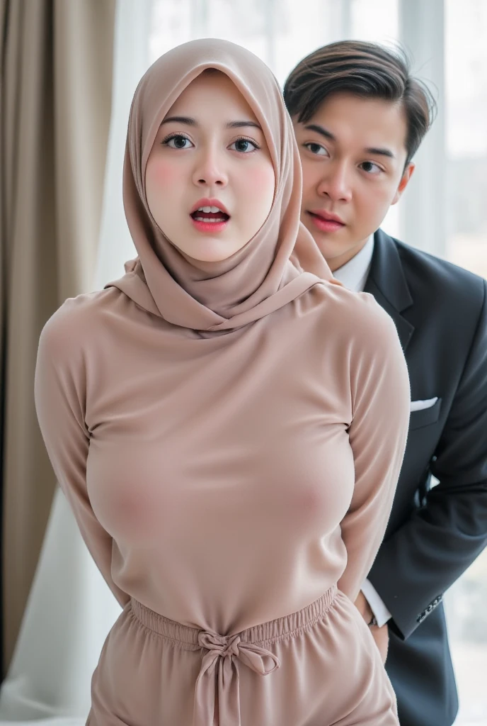 A full naked hansome macho adult man 50 years old that having normal shape erection circumcised penis, standing holding each other with a georgeus slim young girl 22 years old that wearing hijab and long sleeve dress, both are horny, in love each other, both are Indonesian, the man is full naked, the man not wearing hijab,