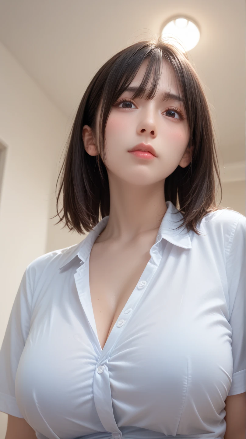 masterpiece, Highest quality, 8k,Ultra-high resolution、Head to knee photo、 20th Generation, Large Breasts, cute, alone, smile、cute, Girlish, cute、Delicate girl, Pure beauty,  RAW Photos, Professional photography, Soft Light, Professional Lighting, Backlight, avert your eyes, Sophisticated, Film Grain, (Eye and facial details:1.0), Floating Hair、,Asymmetrical bangs, Round face、Young Face、((Leaning forward))、(Large Breasts:1.4)、Her cleavage is visible、Nipples are visible:1.8,、((lightweight white blouse、The button is off))、Voluptuous thighs:1.6、Translucent white skin、dolly make、(Heterochromia iridis、The left and right eyes are different colors)、whole body