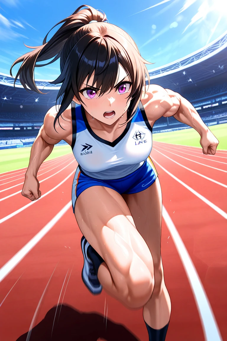 female athletes, ((Masterpiece, of the highest quality, Maximum image quality, high resolution, photorealistic, photo and gross, 8k)), ((Extremely detailed 8k unified CG wallpaper)), (huge shot of stunning goddess, Very hot and sexy, Amazing beauty, perfect proportions, beautiful body, Slim body beauty:1.4), female athletes on the track, Female athletes wearing sports bras, swimsuit, and shoes, covered in sweat, sweat running, outdoor, on a very hot day, running on the track, from behind, between frenzy and applause, with the correct hands and fingers, detailed skin and sweat,