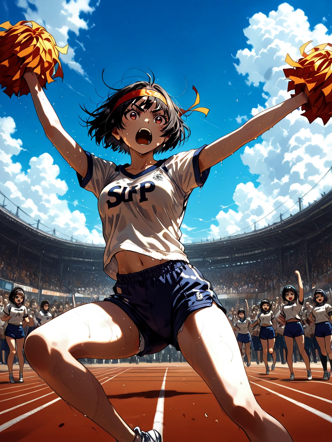 DFOP-V2.0, oil painting,score_9,score_8_up ,score_7_up ,score_6_up ,Perfect Anatomy:1.3,highest quality,Ultra-High resolution,Highly detailed illustration,8k, XUER guangying,Detailed face, detailed eyes,
athletic meet, bread eating contest, jumping, mid-air, open mouth, dynamic pose, school girl, sports uniform, short shorts, bloomers, headband, sweat, energetic, expressive face, high angle, motion blur, action shot, depth of field, foreground focus, background girls, cheering crowd, outdoor, sunny, blue sky, white clouds, dramatic lighting, vibrant colors, focus on one girl, close-up, extreme perspective, mid-action, intense expression, competitive atmosphere
,(Sup eQuality:1.0),