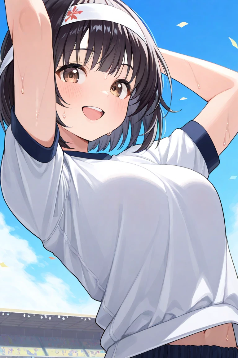 countryside,Paddy field,smile,Are standing,close your eyes,1. small ,short hair,Black Hair,blush,Completely naked,White skin,From below,shy,Sweaty,Wet,peace sign,Mouth wide open,Cowboy Shot