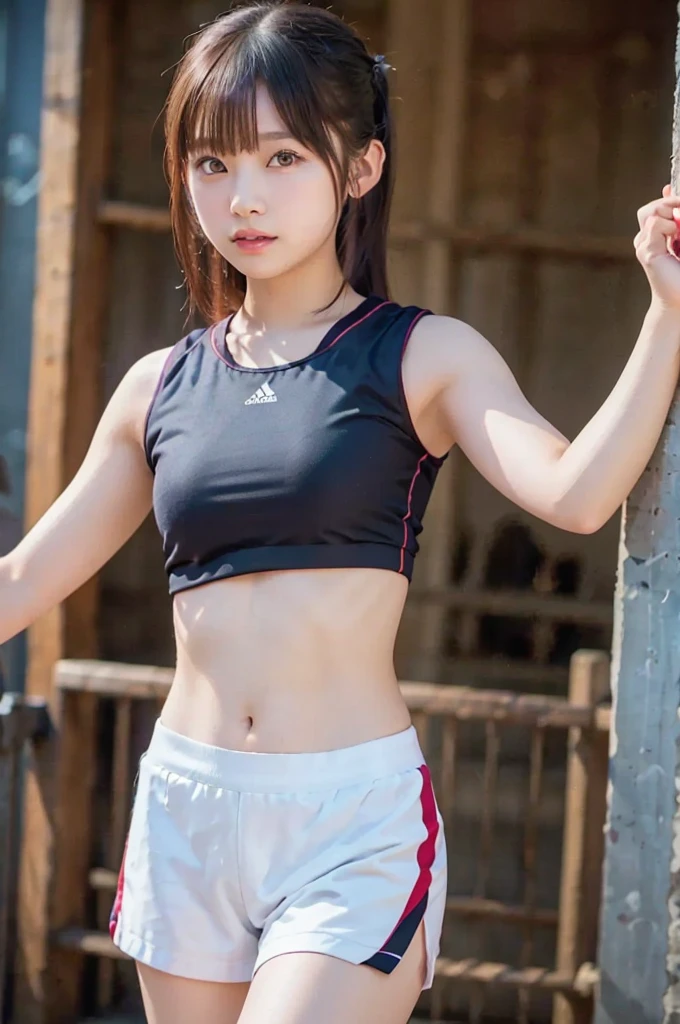 ((Best of the highest quality, 8k, Masterpiece, raw photo: 1.2)), (Sharp focus: 1.2), (1 AESPA, slim body type female, 21 y/o: 1.1), (solo: 1.28), (realistic, photo-realistic:1.37), face focus, cute face, finely eyes, (droopy eyes: 1.32), (Emphasize prominent aegyo-sal with bright: 1.2), shimmering eyeshadow applied under the lower lash line, paired with thick, (small breasts, flat chest, Thigh: 1.3), (short hair, messy hair: 1.28), (sports wear, ribbon, panties: 1.32), sitting river, (rice field, paddy field: 1.1), flower, (from below: 1.16)
