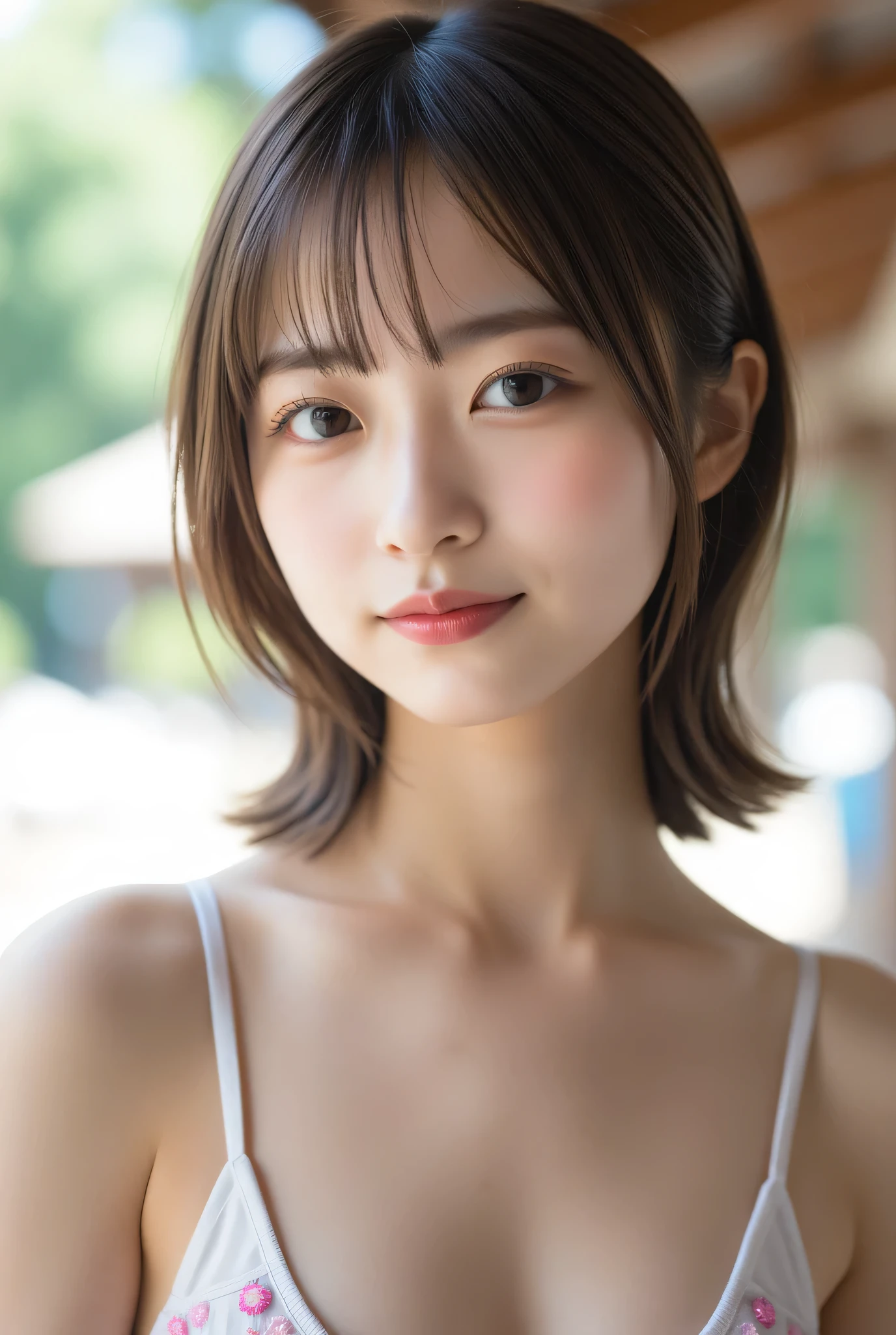 (logo, masterpiece, 8K, Tabletop, RAW Photos, wonderful, 最high quality, Photorealistic and very detailed CG composite 8k wallpaper, high quality, Very detailed, Narrative poem, Particle Effects, Dynamic Effects, Depth of the Boundary, Cinematic Light, Lens flare, Ray Tracing), short hair beautiful young woman, Hair tied back, high detail skin, very fine, fine skin texture, beautiful face, realistic eyes, beautifully detailed eyes, realistic skin, beautiful skin, surreal, smiling eyes, Hair and light eyes, Vibrant, Colorful lights and bokeh. The lighting casts a warm glow on her face and hair, Blue glow, Water surface reflection, Creates a dreamy and magical atmosphere, Big Breasts, Brown Hair, short hair, plump lower lip, pink blush on the cheeks , pink lips, brown tight no-shoulder knit sweater