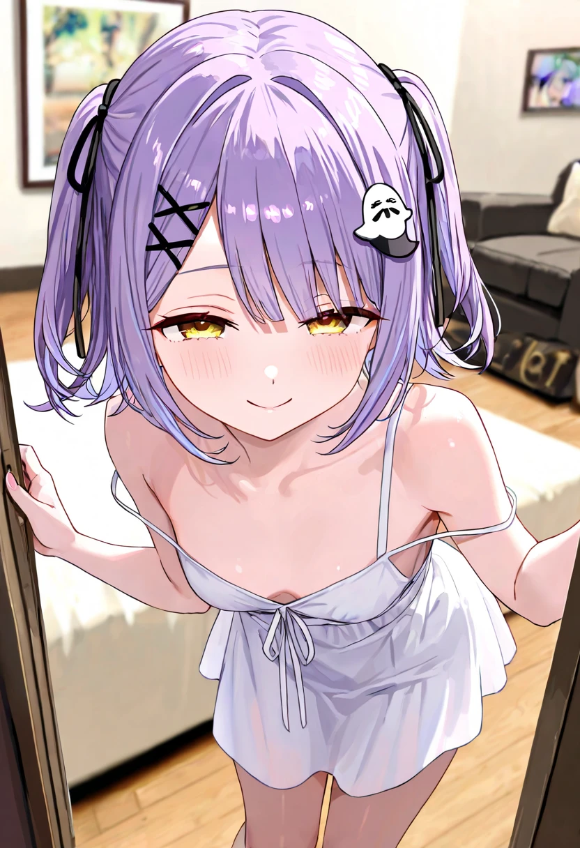 Purple Hair、Short Hair、Cool、boyish、Hair covering one eye、Small breasts、Ghost Girl、The inside of the vagina is visible、naked、peace sign、Cheeky look、Nipples are visible、18-year-old