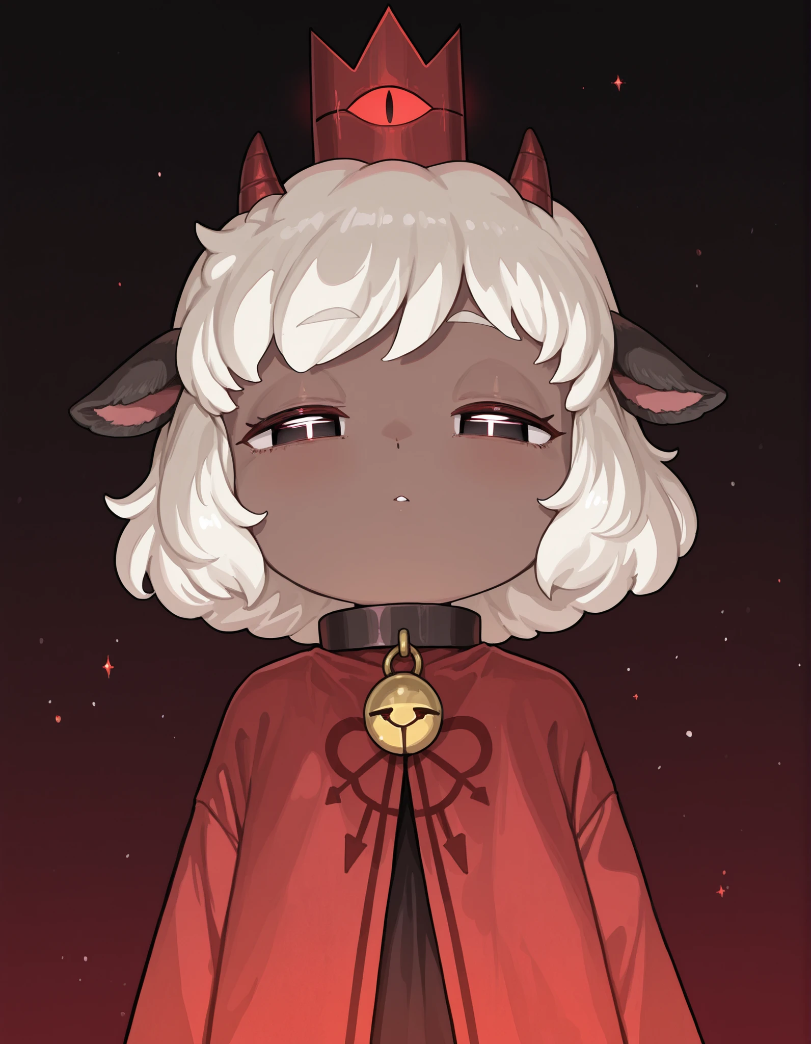 borscstyle,, masterpiece, best quality, very aesthetic, 1girl, solo, cult of the lamb, sheep girl, collar, horizontal pupils, red/black eyes, red crown,