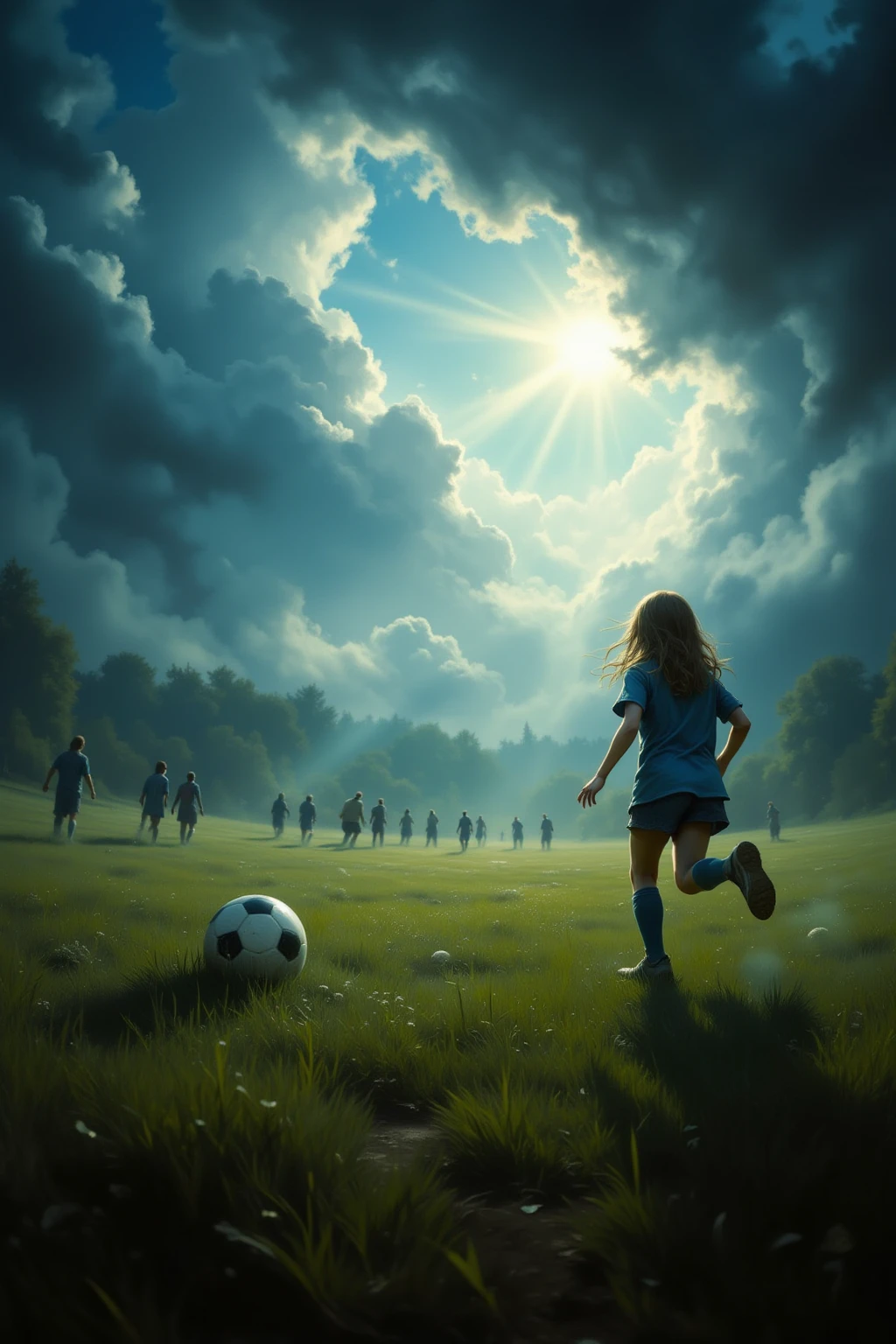 The girl with the ball runs away from the field, people then shout to her and try to catch up with. Soft dawn light. Long soft shadows. 
fantasy style.  unrealistic image , amazing quality,  8 thousand.,    Ultra HD, impressive lighting. fantasy genre, dramatic lighting. Highly detailed digital art style. The composition is very rich in detail. highest detail. hyperrealistic textures, impressive lighting. weather with a thunderstorm,  Heavy clouds  , unusual and beautiful clouds cover the sky with unusual and beautiful clouds, somewhere on the horizon, the sun breaks through the clouds with rays, giving a bright horizontal highlight. extremely detailed. Blue and bright colors predominate.  The composition is very rich in detail. highly detailed oil painting.