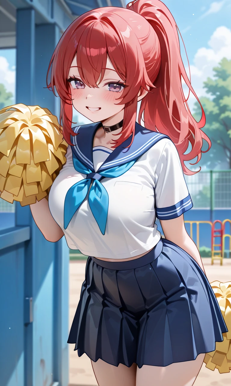 Girl, red hair, ponytail, smile, sailor suit, cracking walnut shells with bare hands,