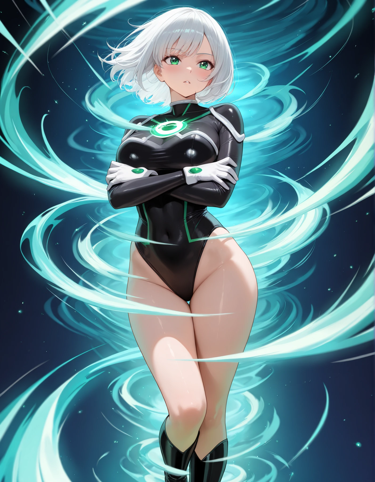 1girl, beautiful detailed eyes, superhero, mature woman, white hair, bob hair, short hair, green eyes, beautiful detailed eyes, leotard, black leotard, bare legs, gloves, boots, standing, glowing body, light surrounding her body, light particles, perfect anatomy, cowboy shot, full body shot, outstretched arms, superpower, solo, single.