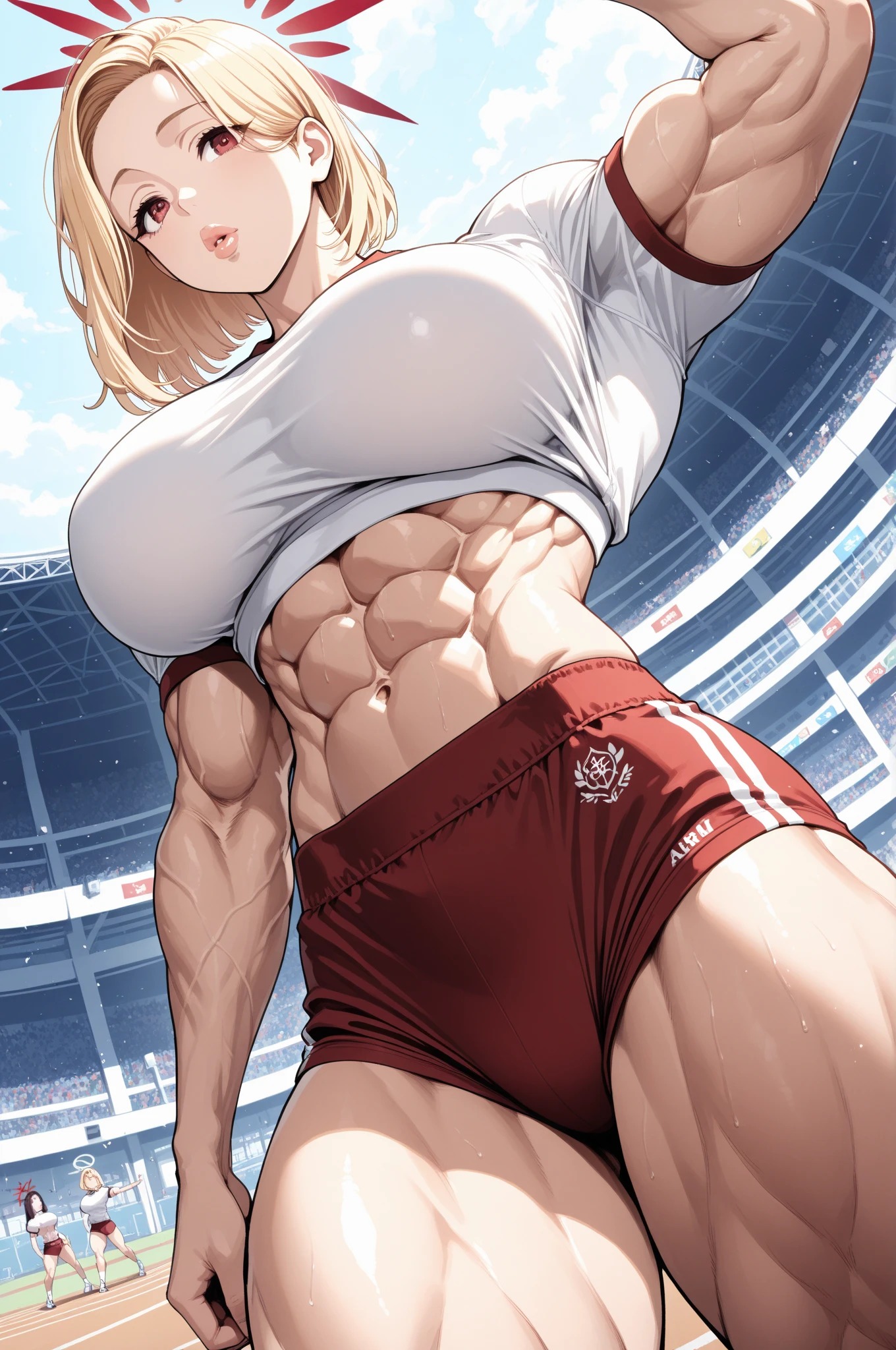 Prompt 

detailed illustration, (front view), (side view),dynamic angle, ultra-detailed, illustration, clean line art, shading, anime, detailed eyes, detailed face, beautiful face, dramatic lighting, detailed illustration, dynamic angle, ultra-detailed, illustration, single woman 

Fit, toned abs, ((volleyball shorts)), ((fundoshi breast wrap)), volleyball player, big round ass, big tits, caramel tan skin, dark skin tone, wide hips, narrow waist, thunder thighs, (blazing blonde hair), (glowing eyes), glowing sclera, muay thai wraps, small strong biceps, sweat, ((bandaged breasts)), flaming hair, hair is fire, flames rolling down skin, clothes catching on fire, embers, sweats fire, sweat is fire, tan lines, Hispanic, Latina 