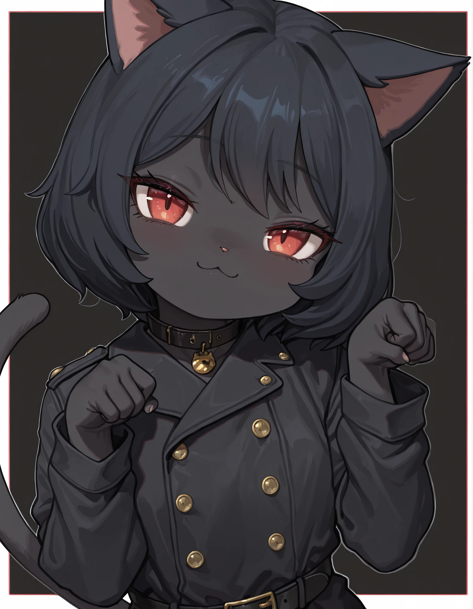 borscstyle,, masterpiece, best quality, very aesthetic, 1girl, solo, white background, looking at viewer, portrait, paw pose, :3, furry female, cat girl, animal ears, black hair, short hair, black skin, red eyes, cat tail, black jacket, buttons, long sleeves, black belt, collar, masterpiece, best quality,