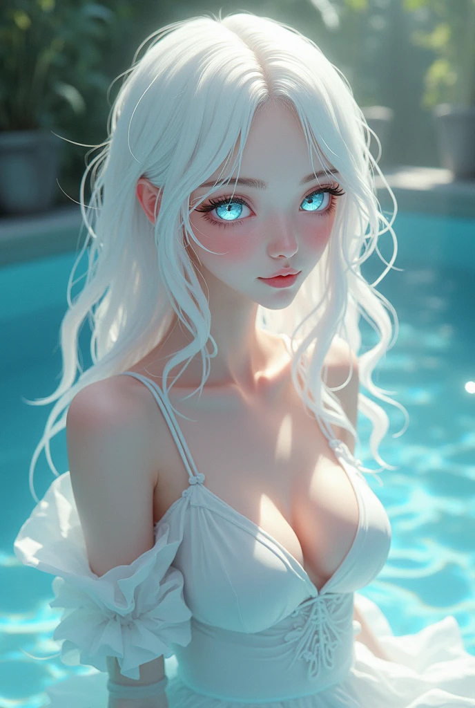 (best quality, ultra-detailed, photorealistic: 1.39), bright and vibrant colors, studio lighting, romantic expression, An effeminate girl, with a delicate and beautiful face. She is a girl who reflects seductive beauty, sparkling eyes, A beautiful adult woman beautiful and voluminous curly white hair, hair clip, crying a seductive 2 woman with big breasts seduces, with her large breasts seduces, beautiful crimson red strapless dress, lace details on the dress, with her blue eyes that matches her soft smile, in a beautiful pose demonstrating her seduction in front of a beautiful lagoon, moon, trees and a beautiful picnic, moon, night with soft lighting, anime style, like a manwha character 