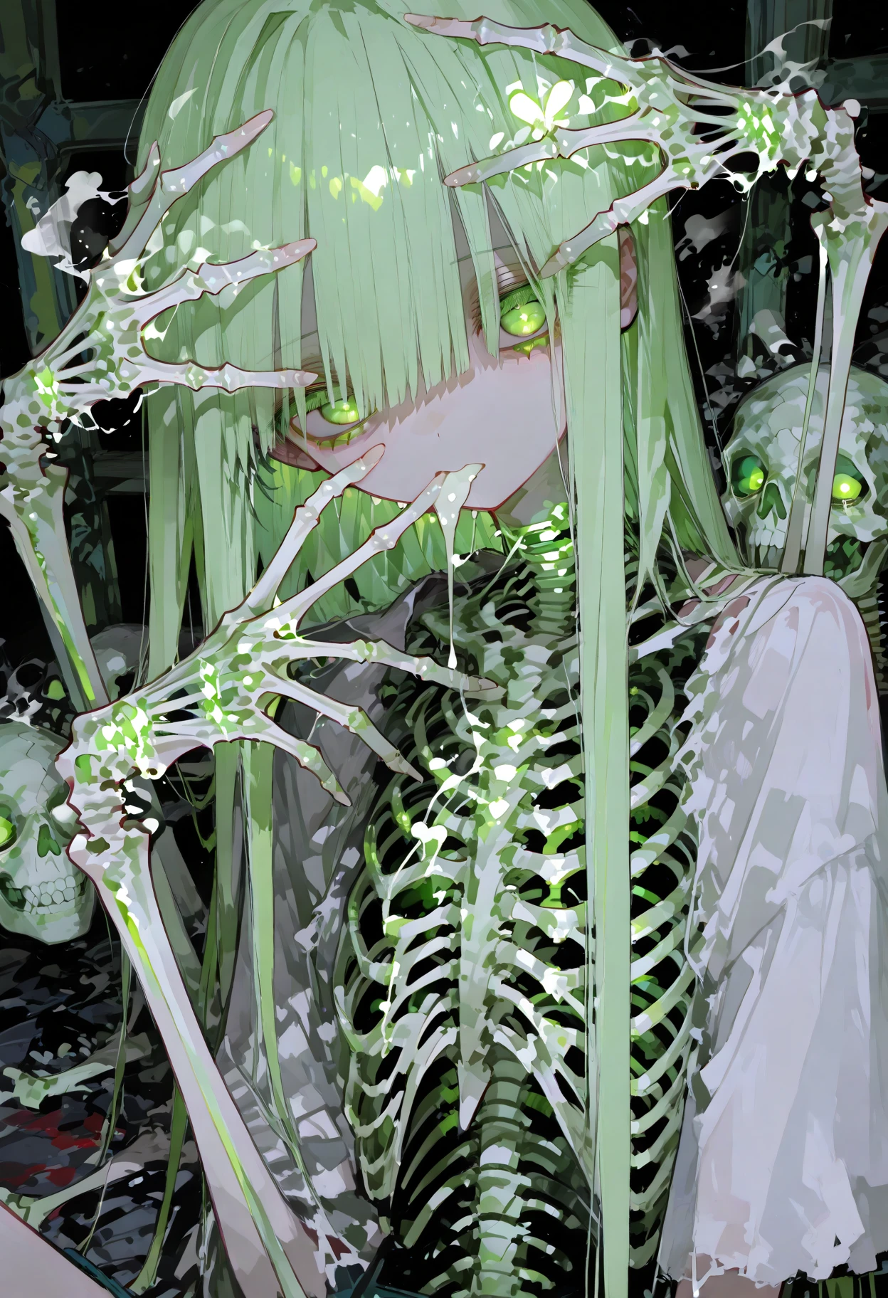 Skeletal undead zombie with roots and fungi on its body neon green eyes discarded clothing dirt covering its body toxic neon green blood in the middle of a dark forest look at us facing the viewer