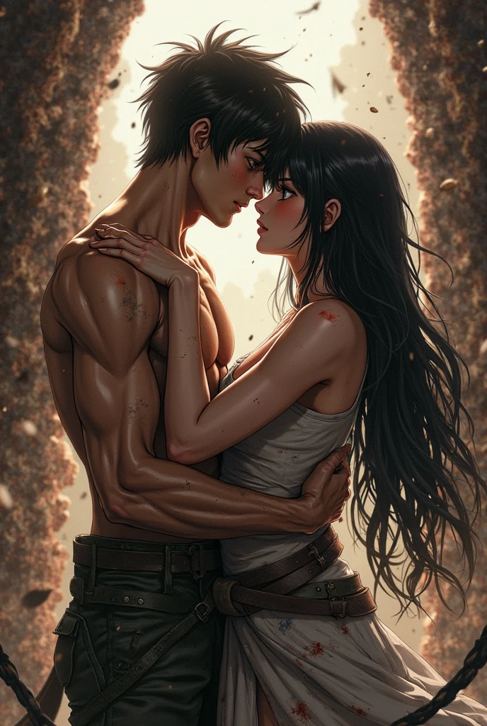 Love scene, kiss, kneeling, romance, future postapocalypse, ruins, flowers in cracks, rays of light, dust, defocuse, backlighting, evening, cinematic, best composition, scraps of clothes, long hairs, brutal male torso on the left man
extreme detail, watercolor painting,