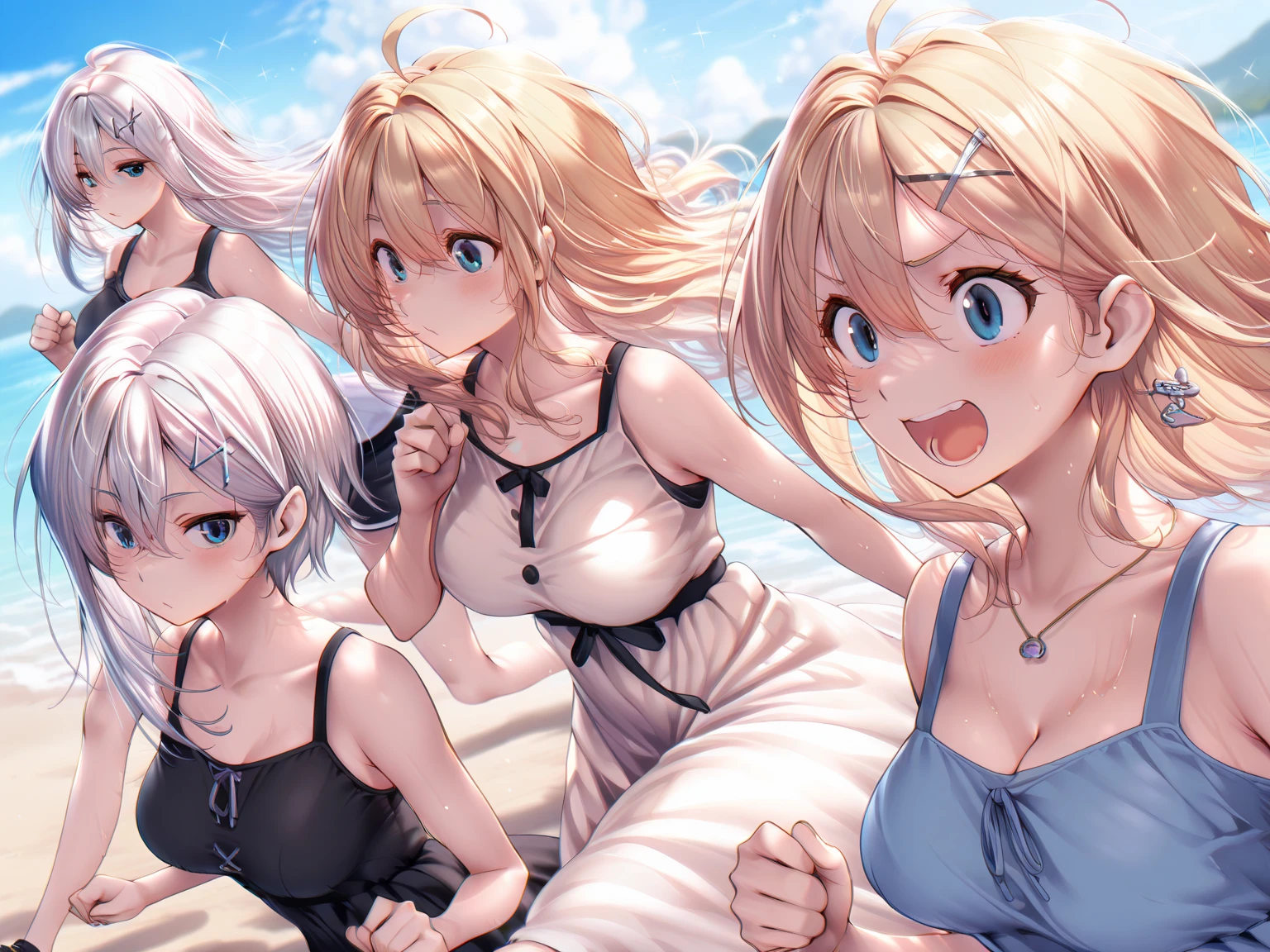 White-haired girl drawn in high resolution Japanese anime style、Group of women taking photos in bikinis, Bikini Model, , A young and cute gravure idol, Posing together in a bra, Russian and Japanese mix, sakimichan, Asian woman, Wear a swimsuit, that'that'that'that'that'that'that'that'that'that'that'that'It's hot with the shining sun, Japanese Model, Cute Core, sakimichan hdri, Young Gravure Idol, Chubby