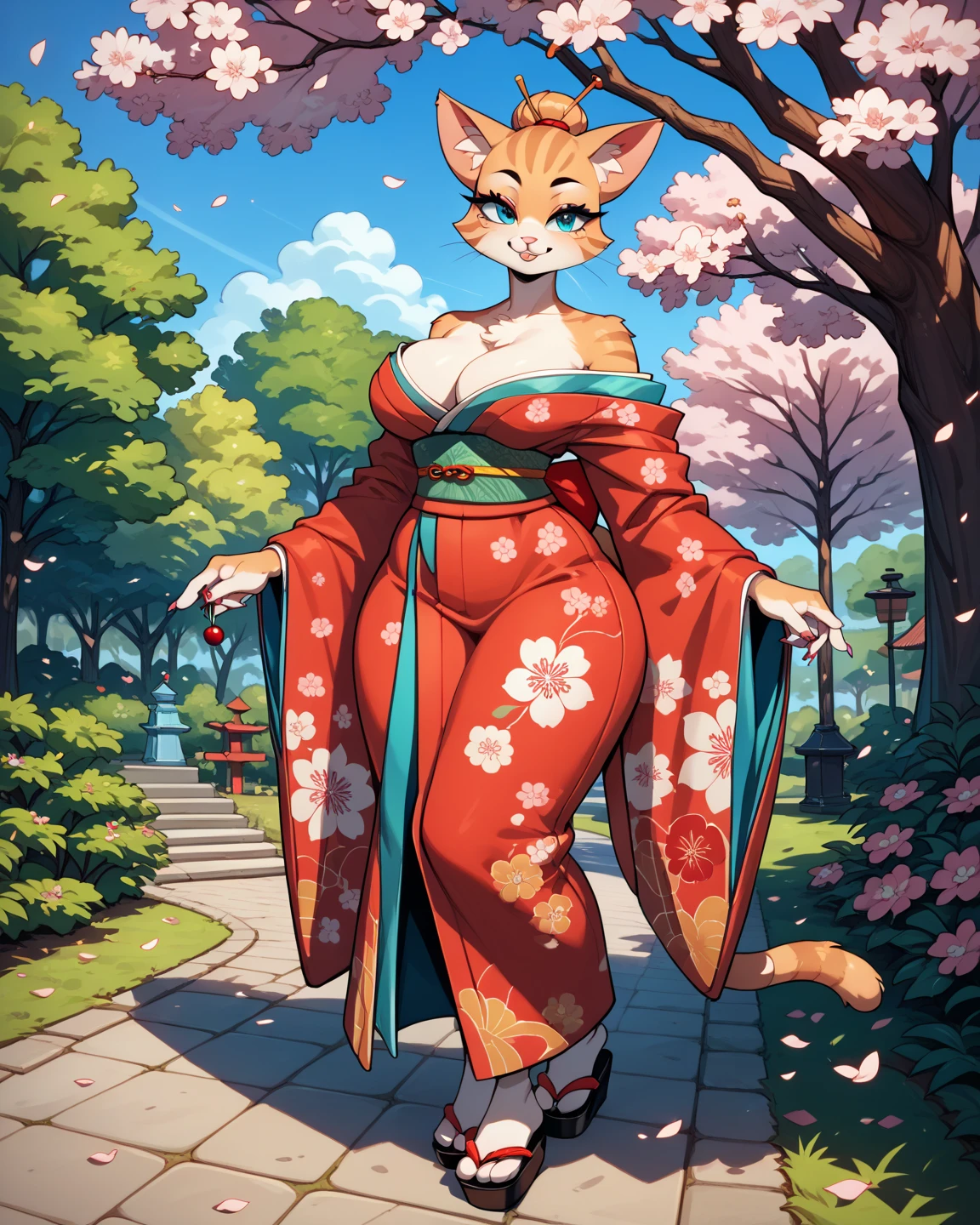 (best quality,4k,8k,highres,masterpiece:1.2),animal crossing,nature background,flower field,lush foliage,kimono,big breasts,cleavage,smiling,cat girl