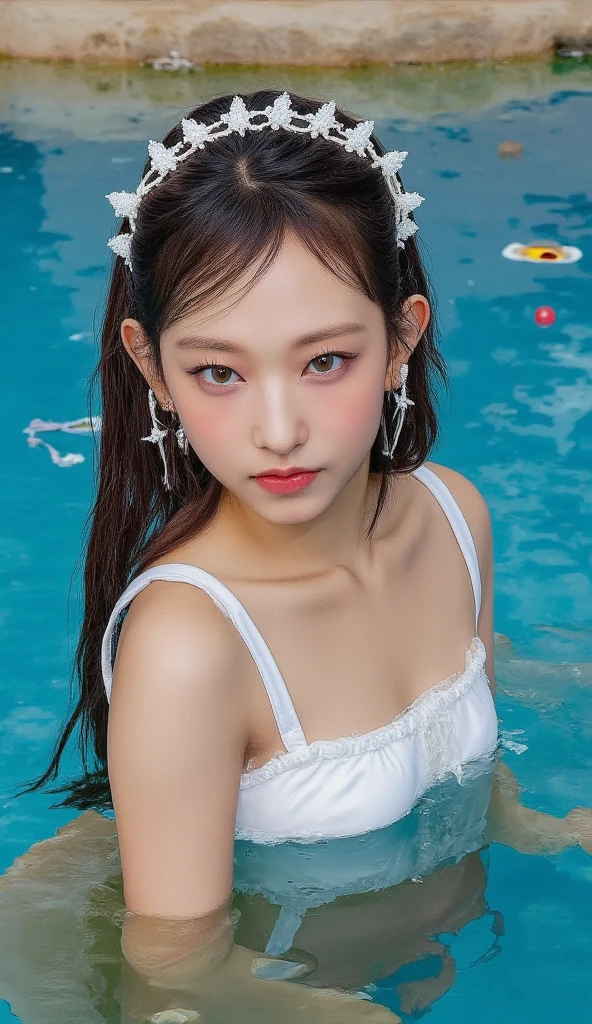 (masterpiece, Highest quality),Kiddie, Small breasts, Cleavage, Ruffled swimsuit, Gray Hair,,Scrunchie, , (Suggestive:1.2), (smile:0.7), Upper Body