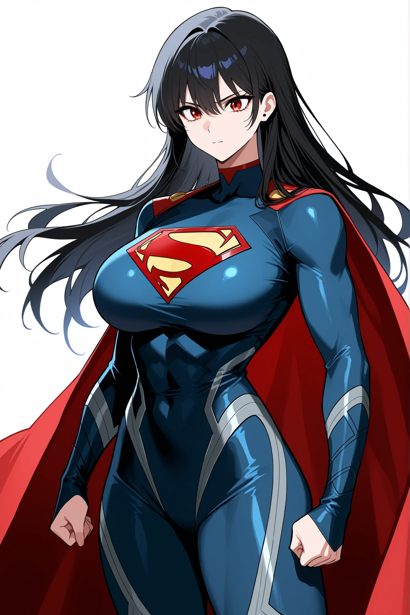 a female superman character is wearing body armor and gloves in tight sexy leather pants, 1girl, solo, breasts, covered , black hair, thighhighs, twintails, leotard, thighs, white background, eyes half open, simple background, cameltoe