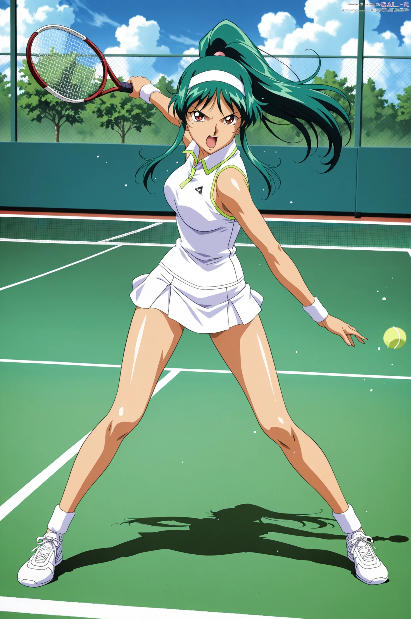 Time Gal with long green hair, wearing a white tennis outfits, playing tennis, action pose, on a tennis court, in full view in a highly detailed anime style