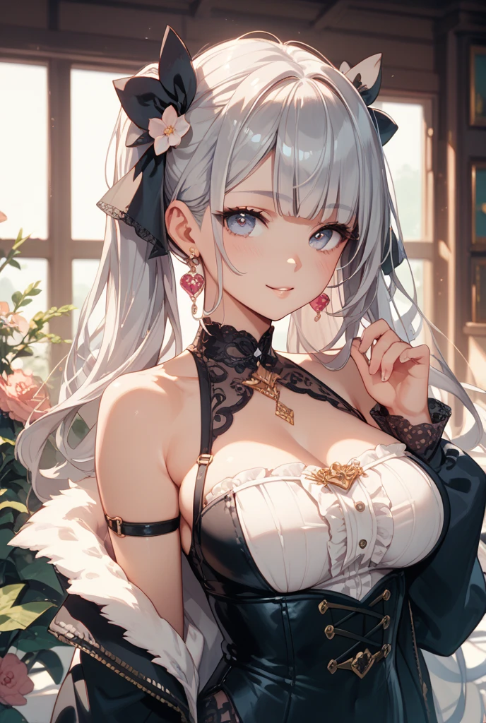 (masterpiece:1.3, top-quality, ultra high res, ultra detailed), (realistic, photorealistic:1.4), beautiful illustration, perfect lighting, natural lighting, colorful, depth of fields, surrealism,
beautiful detailed hair, beautiful detailed face, beautiful detailed eyes, beautiful clavicle, beautiful body, beautiful chest, beautiful thigh, beautiful legs, beautiful fingers, shiny skin, babyface,
looking at viewer, selfie, 1 girl, high school girl, (perfect anatomy, anatomically correct, super detailed skin), cute and symmetrical face, perfect face, perfect eyes,
(middle hair, twin drill, silver hair), hide one eye with bangs, red eyes, big eyes, (round eyes), glossy lips, long eyelashes, (large breasts:1.5, seductive thighs), (beautiful chest line), attractive big breasts, (slim body shape:1.4, a woman with a slender figure and big breasts),
(((goth dress, black and purple gothic lolita dress, voluminous skirt:1.2, big ribbon, headdress, ornaments made with delicate craftsmanship, lace fabric, delicate embroidery and frills, see-through material was used))), clavicle,
(beautiful scenery), evening, (luxury room, red sofa with decoration, soft light), ((baroque:1.1)), standing:1.2, ((facing the front:1.2)), (elegant posture:1.5, posing for a photo shoot, sexy pose), (((very relaxed smile:1.5, happy expression))),
