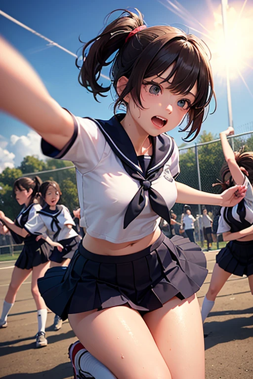 (super flat, flat shading), Honors Type, Really blushing, 17 years old, (running Match:1.5), 2girls, (fighting:1.5), wearing white long sleeves (school uniform:1.5), wedgie:1.5, cameltoe:1.7, sports shoes, ponytail brown hair, sweaty healthy body, sweaty soaking wet full body, bare legs, navel, ultra realistic, early morning, breeze, in crowded public gymnastics,